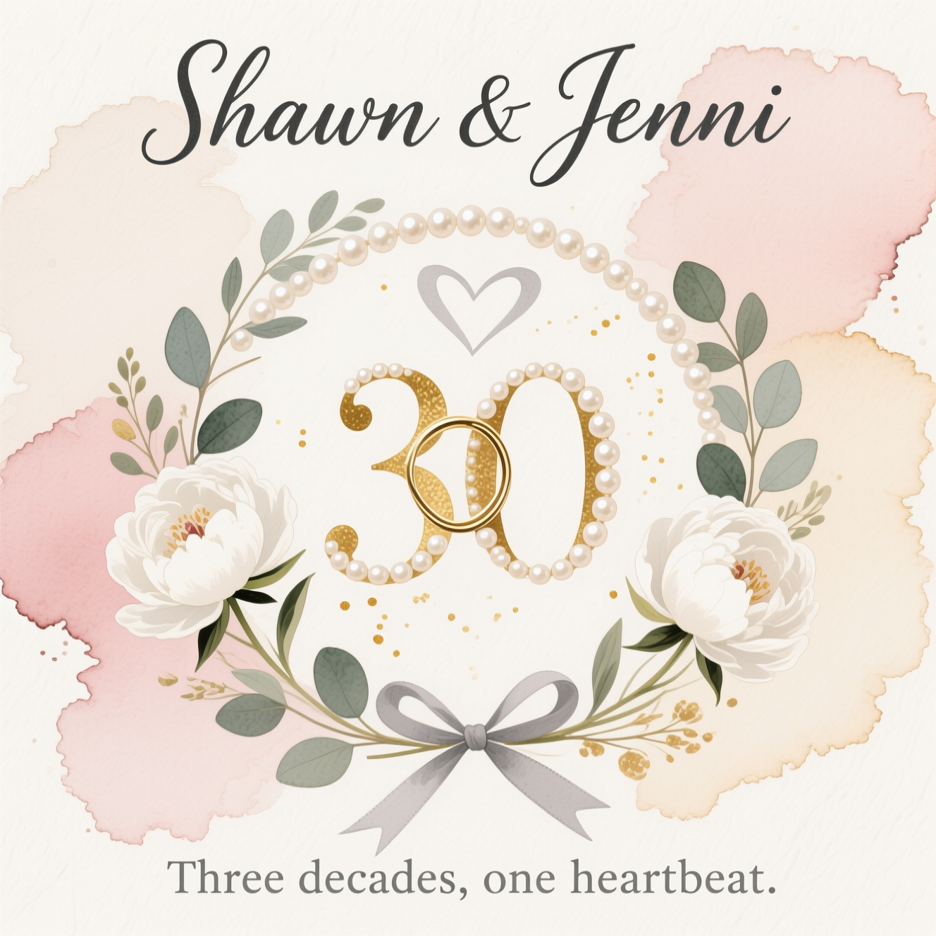 At the top of the Watercolor Style image, "Shawn & Jenni"

At the bottom of the image, "Three decades, one heartbeat."

- Centerpiece: a soft, airy watercolor wreath of thirty luminous pearls subtly shaping the number “30,” with two interlocking rings nestled at its heart.
- Florals: delicate white peonies and wisps of eucalyptus in gentle gradients; edges softly bloom into the paper.
- Palette: blush, champagne, sage, and warm ivory; restrained hints of warm gold for highlights.
- Background: wide, translucent washes with subtle pigment blooms and visible natural paper texture, leaving generous negative space for elegance.
- Details: a whisper-thin dove-gray ribbon looping into a faint heart behind the rings; a few light speckles for organic charm.
- Typography: hand-lettered script for the names in deep charcoal watercolor with slight feathering; the bottom line in a refined, soft gray serif.
Generated with these themes: 30th anniversary , and .
Made with ❤️ by AI.