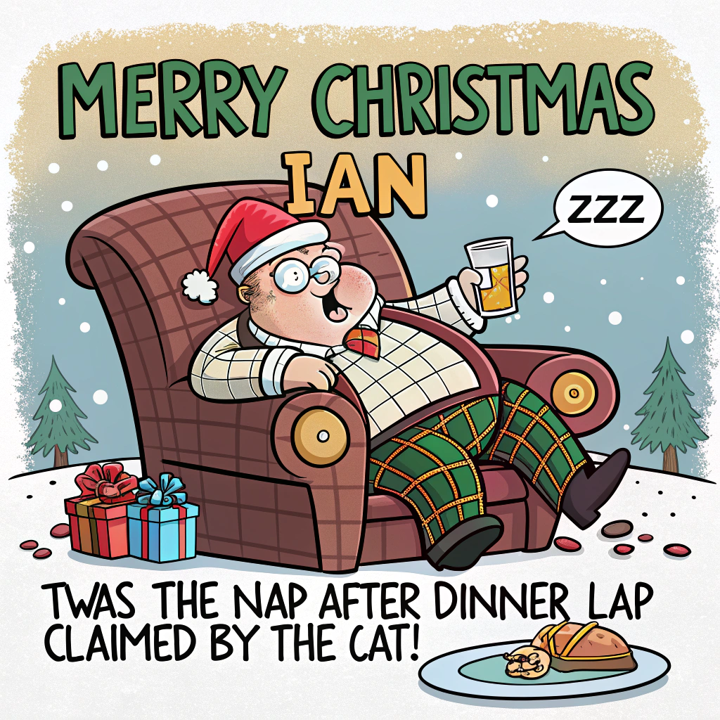 Fall asleep in arm chair after christmas dinner. ginger cat on lap, and Christmas Card