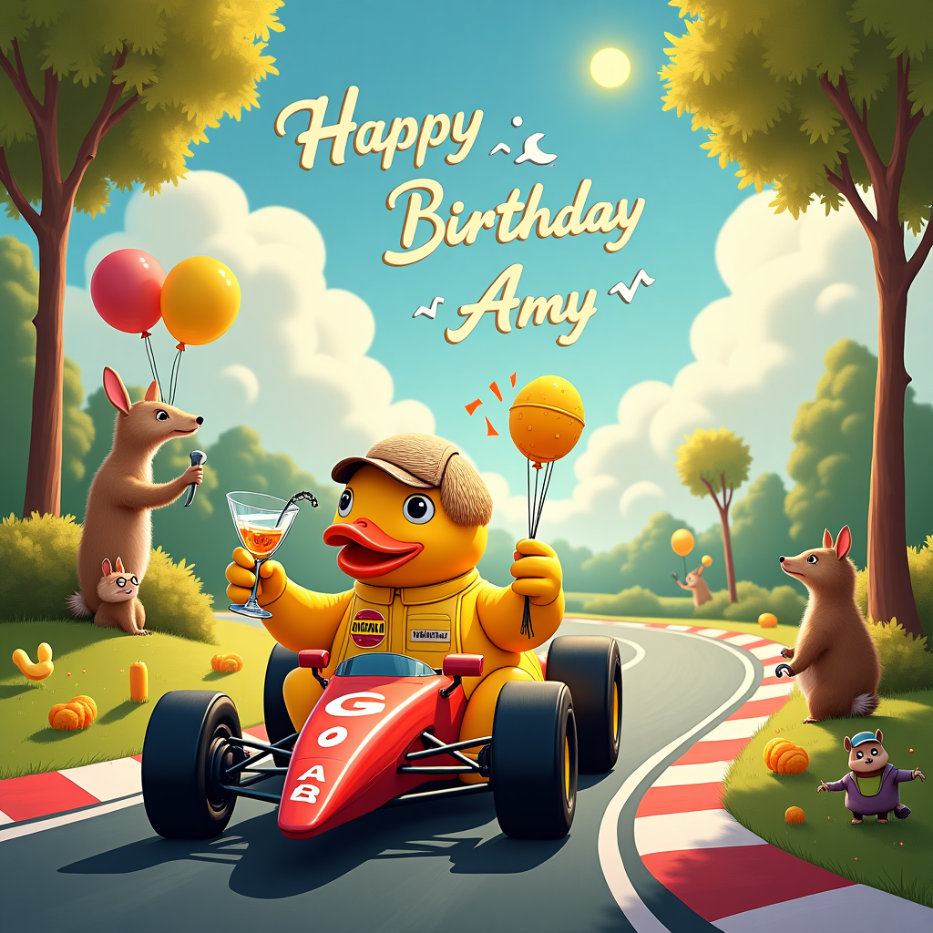 Picture a whimsical birthday scene set on a vibrant racetrack that curves playfully through a fantastical landscape. At the heart of the action is an oversized, cheerful yellow rubber ducky with a comically serious expression, zooming along the track in an open-topped F1 race car. The car is bedecked with racing stripes and quirky decals, like tiny lightning bolts and musical notes, alluding to the vivacious spirit of the birthday celebration. Riding shotgun, and dressed in a glitzy racing jumpsuit, is none other than Taylor Swift. Her blonde hair flutters in the breeze as she raises a large cocktail glass filled with effervescent gin, the bubbles depicted in a dazzling array of rainbow hues. 

Just off the track, a giant jacket potato, with an animated face and a cheeky grin, acts as the pit crew, holding a whimsical wrench in one "hand" made of butter and wearing a cap fashioned out of chives. Around the scene, towering trees sprout not leaves, but twisted curly fries, providing a delightful snack for passersby. 

In the sky above, fluffy clouds spell out "Happy Birthday Amy" in bright, cheerful letters, like they were written by the wind itself, while balloons shaped like tiny racing helmets float alongside. The sun shines down with a warm, golden glow, hinting at Maxfield Parrish's luminously dreamy style. Meanwhile, a group of little woodland creatures inspired by Beatrix Potter—perhaps a hedgehog wearing tiny spectacles and a rabbit in a waistcoat—peer out from the bushes with gleeful anticipation, holding miniature banners that say "Go, Amy, Go!"

This delightful mashup scene is brimming with dynamic energy, inviting Amy into a world where her birthday becomes a joyous, whimsical adventure combining the excitement of F1, the playfulness of a giant yellow duck, and the unexpected presence of Taylor Swift sharing a toast in her honor.
Generated with these themes: F1, Giant yellow duck, Taylor Swift , Jacket potato, and Gin .
Made with ❤️ by AI.