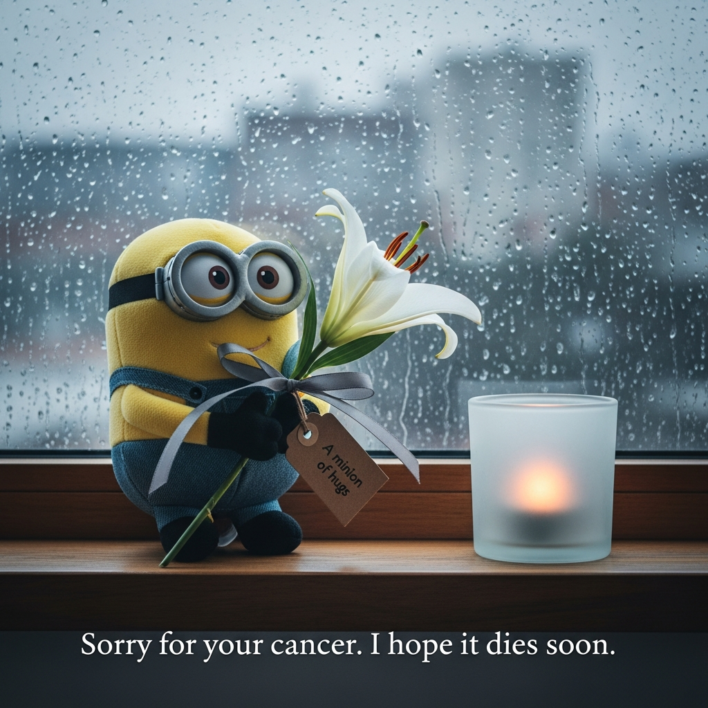 At the bottom of the Photorealistic picture taken from a camera image, Sorry for your cancer. I hope it dies soon.

Ultra-high-definition 4K UHD photograph with accurate lighting, lifelike textures, and rich depth of field, capturing a true-to-life scene: a quiet, rainy-window moment. On a simple wooden windowsill, a small Minion plush toy (yellow, silver goggles, denim overalls, black gloves, no visible logos) gently cradles a single white lily tied with a soft gray ribbon. The Minion’s posture is slightly lowered and caring, conveying tenderness. A frosted-glass tea light glows faintly beside it, casting warm, subtle reflections on the pane dotted with rain droplets; background city shapes blur into creamy bokeh. Muted, desaturated palette of soft grays and cool blues with a restrained pop of yellow for a sincere, comforting mood. Composition follows rule-of-thirds with generous negative space; 50mm prime, f/1.8, ISO 200, natural diffused daylight, realistic shadows and soft highlights, crisp microdetail on plush fibers, lily petals, and condensation. Small, secondary handwritten text on a tiny kraft tag tied to the ribbon reads: “A minion of hugs.” in delicate gray ink. Bottom caption set in understated warm-gray serif, light weight, subtle letterpress effect, unobtrusive, leaving the image dominant.
Generated with these themes: Minions, and .
Made with ❤️ by AI.