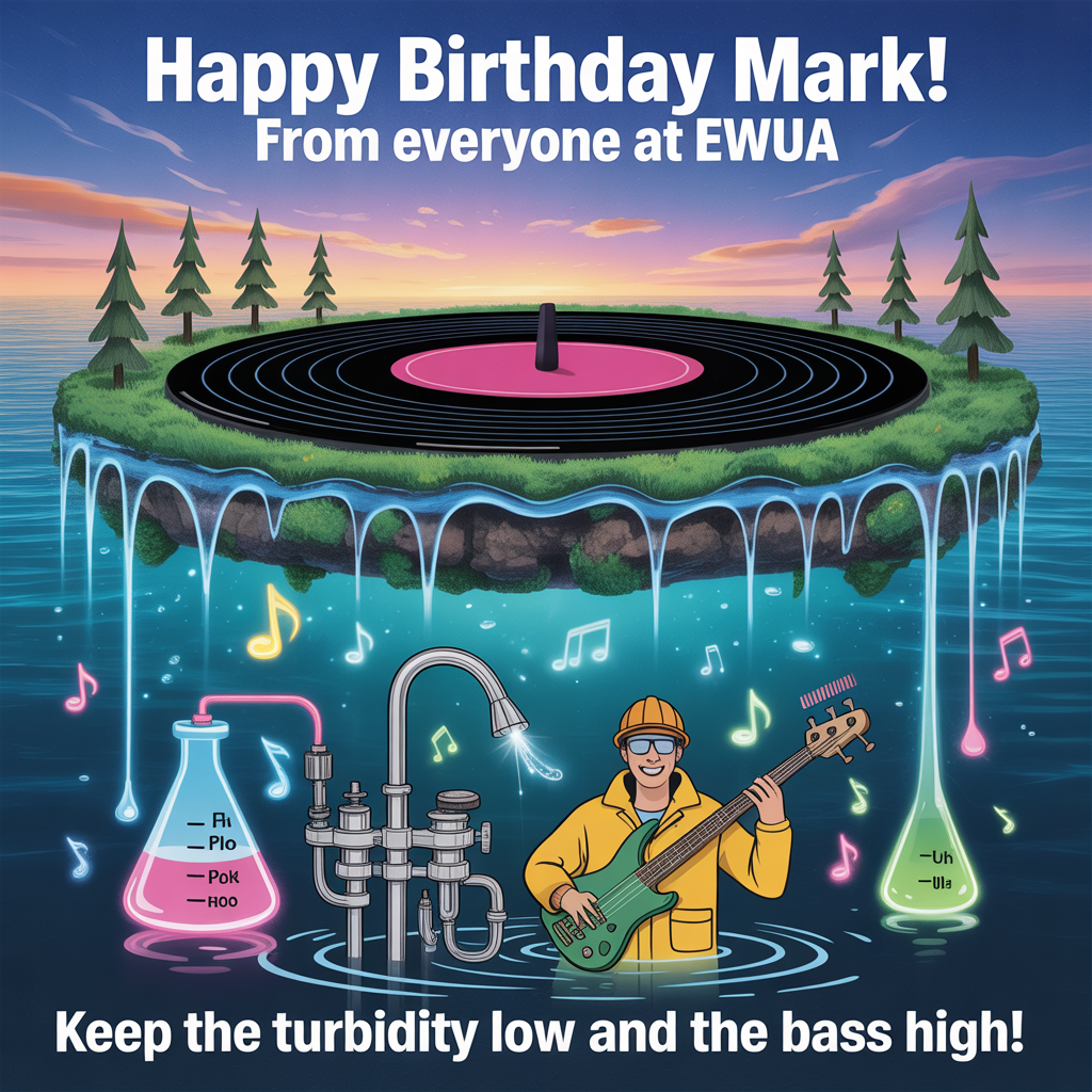 At the top of the Surreal Style image, "Happy Birthday Mark! from everyone at EWUA"

At the bottom of the image, "Keep the turbidity low and the bass high!"

- Dreamlike Pacific Northwest island floating above a glassy sea, shaped like a giant vinyl record; the record grooves flow as glowing streams that spill off the edges as musical-note waterfalls.
- Water treatment details reimagined: a crystal-clarifier pond as a translucent drum kit, skimmer arms as drumsticks; sinuous chrome pipes curling like saxophones; oversized valves blooming into faucet-headed cedar trees; a water tower on impossibly tall, spindly legs gently melting in the sun.
- Center stage: a cheerful water operator in a yellow rain slicker and hard hat, playing a kelp-bass with garden-hose strings; a pH test kit serves as a mic stand; a beaker-as-microphone drips neon droplets that become tiny fish-shaped notes midair.
- Surreal band vibes: filter tanks glowing like amplifiers; a buoy stamped “EWUA” doubling as a kick drum; driftwood catwalks that bend and melt, forming a record-player tonearm over the island.
- Wildlife cameos: an orca leaps through a brass tuba, spray arcing into a rainbow halo; salmon surf ripples shaped like sound waves; gulls with metronome beaks keep time on a melting pier.
- Sky and light: misty twilight blues, mossy greens, and pink-salmon highlights; ethereal beams, long impossible shadows; clouds morph into treble clefs and faucet handles, with soft, glossy reflections on the water.
- Composition: wide cinematic view, crisp and whimsical; playful confetti of backwash bubbles rising into the sky; clean, vibrant finish with surreal, melting forms and an unmistakably funny, celebratory mood.
Generated with these themes: Water Treatment Operator, Living on an island in pacific northwest, Plays in a band, and .
Made with ❤️ by AI.