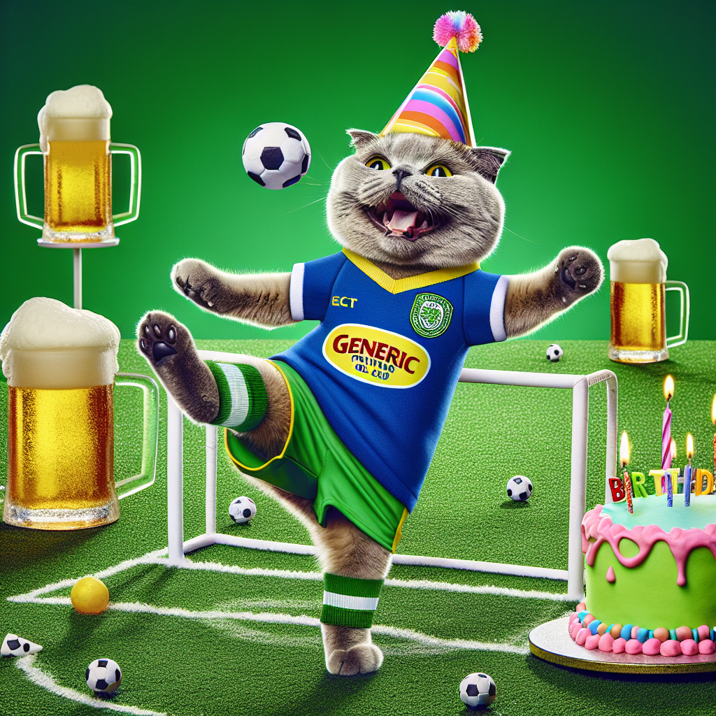 Imagine a whimsical scene set on a vibrant green football pitch. A Scottish Fold cat, grinning wide, sports a generic football club jersey and a vibrant party hat. The cat, caught in the middle of its football kick, strikes a dynamic pose. Nearby, a frosted birthday cake rests atop a miniature goalpost, creating an amusing and sporty ambivalence. In the corners of the illustration, foam-topped beer mugs add a festive and celebratory atmosphere to this humorous birthday tableau.
Generated with these themes: Scottish fold cat, Football, Cake, Beer, and Tottenham Hotspurs.
Made with ❤️ by AI.