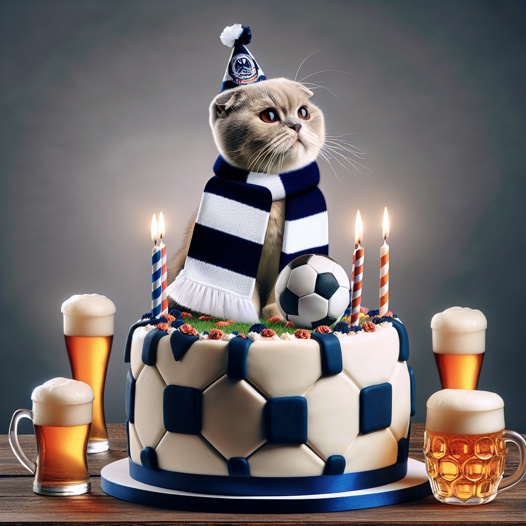 Scottish fold cat, Football, Cake, Beer, and Tottenham Hotspurs Birthday Card