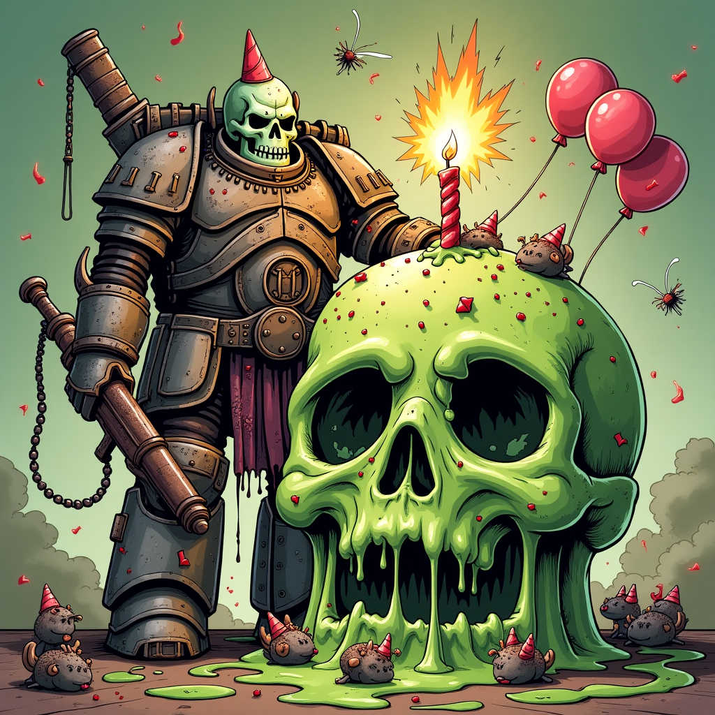 **Image Prompt:**

At the top of the illustration image, write: “Happy Spoilage Day, Joselito — May Your Cake Fester Gloriously!”

A hilariously grotesque illustration of a Nurgle Plague Marine in full grimy, corroded armor standing proudly over a monstrous, slime-dripping birthday cake shaped like a pustulent skull. The cake is oozing green frosting and emitting cartoon stink lines, while Nurglings gleefully climb all over it trying to take bites. One of the candles on the cake is a melted-down lasgun. In the background, a toxic cloud of confetti is exploding, with plague flies carrying birthday balloons. The marine is cheerfully offering a slice with a rusted chainsword-cake slicer. Bold, over-the-top comic style, with bright gross-out colors, full of birthday chaos and absurd delight.
Generated with these themes: warhammer 40k Nurgle marine cake.
Made with ❤️ by AI.