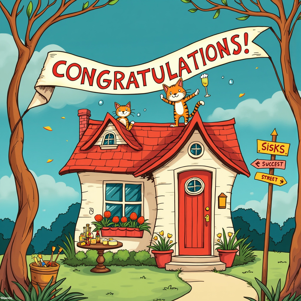 In the vibrant, hand-drawn style that nods to the likes of Charles Schulz and Bill Watterson, the scene is set in front of a whimsical, newly built house with exaggerated, curvy lines and a slightly off-kilter roof that hints at a fairy-tale influence from Winsor McCay. The house has a large red front door with a quirky, ornate knocker shaped like a cat's paw. The windows are trimmed with bright, cheerful colors and flower boxes brimming with cartoonish daisies and tulips.

Two animated tabby cats, reminiscent of Disney's playful yet expressive animal characters, are at the center of the scene. One tabby cat, standing upright like Osamu Tezuka's Astro Boy, is holding a bottle of champagne in one paw and a large, foamy glass in the other, with bubbles popping joyfully in the air. The other tabby, in a more Calvin and Hobbes-like mischievous pose, is on top of a wobbly ladder that’s propped against the house, tying a large banner that stretches across the top of the scene, between two whimsical, twisted trees that frame the house.

The banner reads "Congratulations, The Lisks!" in a bold, fun font that feels like something straight out of Hergé's Tintin adventures, with vibrant colors and playful outlines. The letters of the recipient's name are adorned with tiny celebratory details: streamers, confetti, and miniature balloons. Behind the house, the sky is a rich, azure blue with fluffy clouds, and the name "The Lisks" is subtly echoed in the cloud formations, a gentle nod to Art Spiegelman's clever use of hidden details.

On the front lawn, there’s a small table set up with more celebratory elements—an ice bucket with more bottles of champagne, a tray of cartoonishly large cheese wheels and fish-shaped canapés, and a few wrapped gift boxes with curly ribbons. A whimsical signpost with arrows pointing in different, humorous directions (e.g., "Success Street," "Happy House Lane," and "Champagne Corner") stands near the front door, adding a touch of Gary Larson’s The Far Side humor.

The entire scene is bustling with vibrant details that make it feel alive and festive, perfectly capturing the joyous occasion of congratulating "The Lisks" on their new house and achievement.
Generated with these themes: Two tabby cats, New house, and Champagne.
Made with ❤️ by AI.