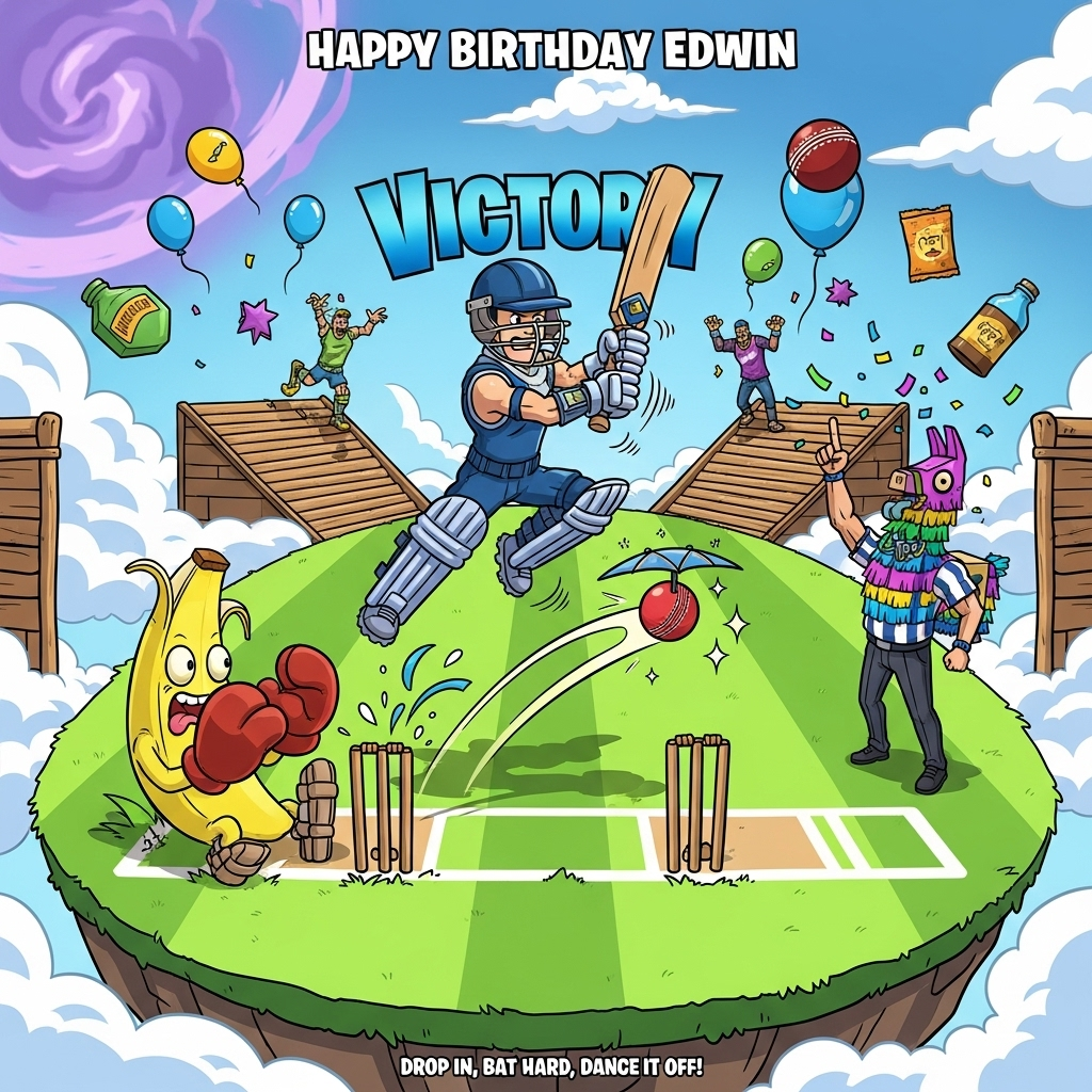 At the top of the Cartoon Style image, Happy Birthday Edwin

A playful, funny, high-energy Cartoon Style scene blending Fortnite and cricket:
- A bright, floating island cricket pitch in the sky, lush neon-green oval field with white crease lines, surrounded by cartoon clouds and a soft purple storm ring in the far distance.
- Center action: a Fortnite-style hero with exaggerated proportions (big head, chunky gloves, tiny waist), wearing a shiny cricket helmet and pads, mid-leap in an energetic pose, swinging a bat–pickaxe hybrid with comic motion lines. A red cricket ball with a tiny glider canopy swoops in toward the bat, leaving a sparkling trail.
- Wickets made of stacked cartoon supply crates with bails shaped like little balloons popping off in a silly arc.
- A goofy banana mascot fielder with massive mitts dives dramatically, eyes wide, tongue out, slipping on the turf for slapstick humor.
- A colorful piñata-llama-style umpire in a striped shirt raises a finger with a whistle in its mouth, confetti bursting around it.
- Background details: wooden build ramps and walls jutting from the pitch edges; a giant cricket-ball supply drop descending on a blue balloon; teammates in the distance doing zany dance poses; floating shield bottles and snacks shaped like tiny cricket teas.
- Style: thick black outlines, bright saturated colors (electric blues, lime greens, sunny yellows, candy purples), glossy cel shading, bold shapes, whimsical facial expressions, and exaggerated, energetic poses. Full-bleed portrait composition with plenty of sky for the header text.
- Place a big blue “victory banner” shape behind the main character for emphasis (no extra words on it).

At the bottom of the Cartoon Style image, a small cheeky caption: Drop in, bat hard, dance it off!
Generated with these themes: Fortnite, Cricket, and .
Made with ❤️ by AI.