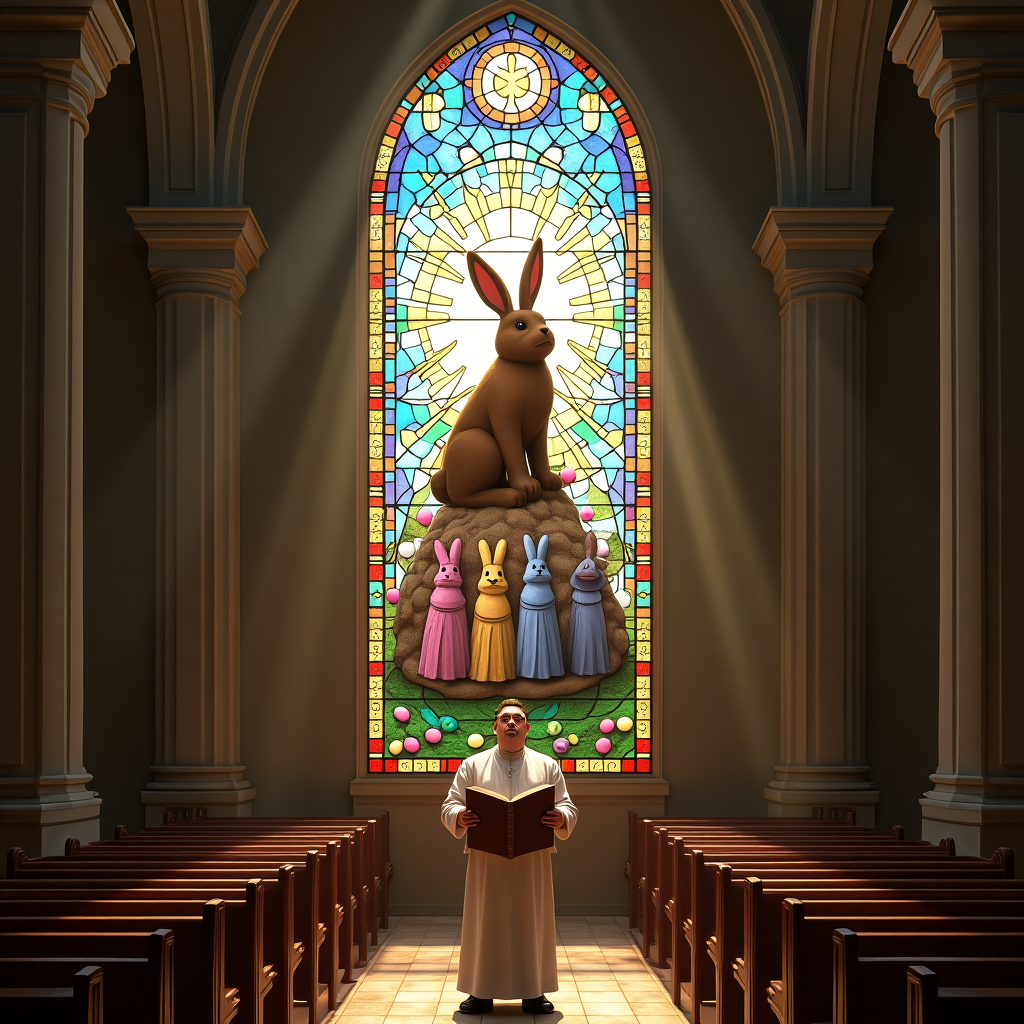 **Image Prompt:**  
A hyper-realistic photograph of a grand, old church interior featuring an elaborately detailed stained glass window in vibrant Easter colors. The stained glass depicts a comically literal resurrection scene: a giant chocolate bunny in place of traditional religious figures, rising gloriously from a candy-wrapper tomb, flanked by solemn marshmallow Peeps in tiny robes. Sunlight beams through the colorful glass, casting jelly bean-shaped light spots on the pews below. A surprised priest is seen mid-gasp in the foreground, holding an open hymnal labeled “Hallelujah for Hollow Chocolate.”
Generated with these themes: Lifelike Easter religious themed stained glass window.
Made with ❤️ by AI.