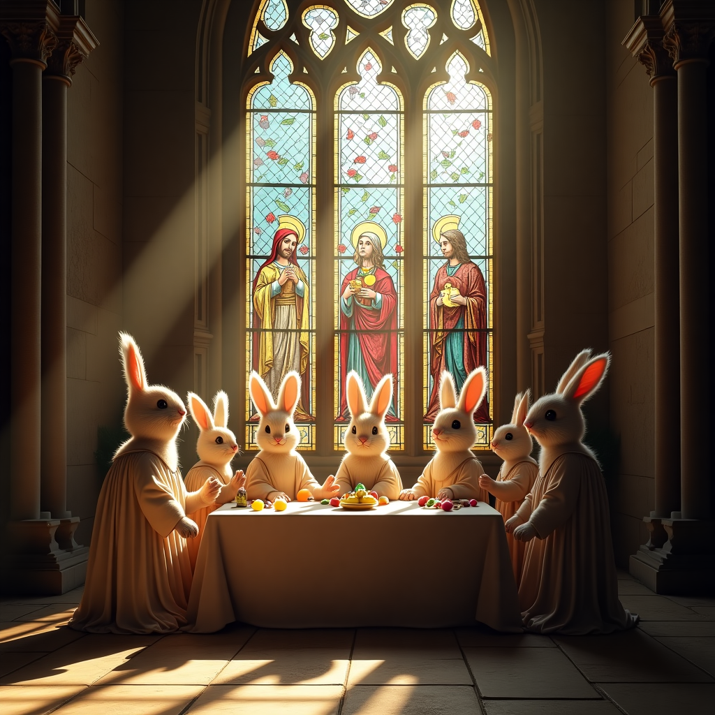 **Prompt:**

A highly realistic photograph of a majestic stained glass church window, illuminated by sunlight. Instead of traditional saints, the stained glass comically depicts a group of lifelike bunnies dressed in flowing biblical robes and sandals, re-enacting a classic Easter scene like The Last Supper — with oversized chocolate eggs and jelly beans on the table. One bunny has a tiny halo made of marshmallow Peeps. The church interior is serious and grand, with dramatic beams of colored light from the window casting playful bunny silhouettes across stone walls. The humorous contrast between the solemn setting and the bunny disciples gives the scene a quirky charm.
Generated with these themes: Lifelike Easter religious themed stained glass window.
Made with ❤️ by AI.