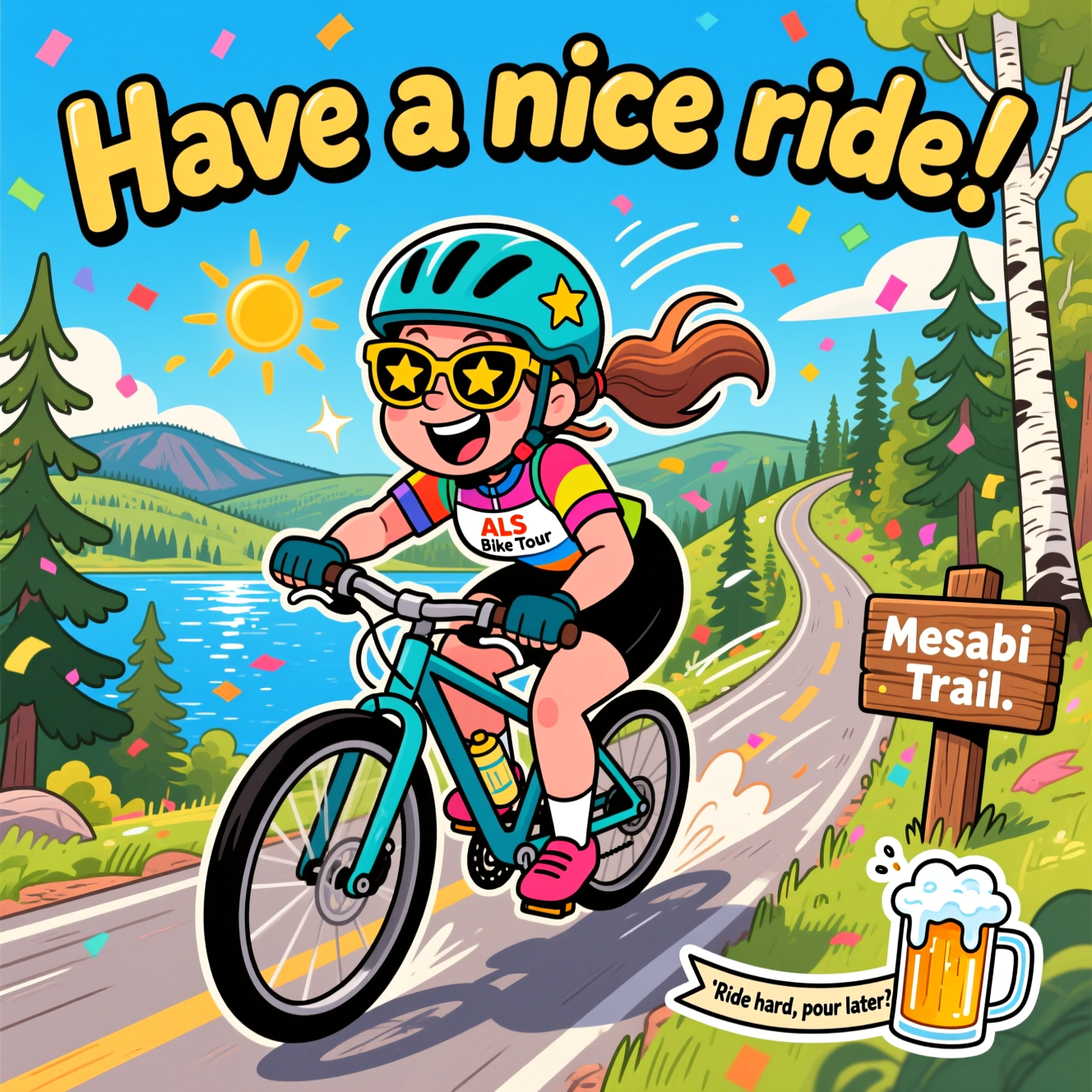 At the top of the Cartoon Style image, Have a nice ride!

A playful, funny, high-energy cartoon scene of a lady cyclist zooming downhill along the Mesabi Trail. Big, bold, chunky outlines and bright saturated colors. She’s front-and-center in an exaggerated, triumphant pose: wide grin, wind-whipped ponytail, oversized helmet and star-shaped sunglasses, pedaling hard with swoosh lines and sparkles. She wears a colorful jersey with a small bib that reads “ALS Bike Tour.” The paved path snakes through vibrant North Woods scenery—tall pines, birch, a glinting lake, and rolling iron-range hills—under a cheerful blue sky. A friendly wooden sign by the trail clearly reads “Mesabi Trail.” Confetti and sunbeams add a celebratory vibe as she flies past.

Typography: the top line “Have a nice ride!” in big bubbly, hand-lettered letters with a thick outline and subtle drop shadow, arcing across the sky.

Bottom corner accent: a small, sticker-style illustration of a frosty beer with foam and sparkle highlights. Around/next to the beer, one witty line in a tiny ribbon/banner: “Ride hard, pour later.”

Overall mood: cheeky, upbeat, energetic, and congratulatory; whimsical proportions, thick black outlines, vibrant palette, soft shading, and lively motion lines. Only include the following text elements: “Have a nice ride!”, “Mesabi Trail”, “ALS Bike Tour”, and “Ride hard, pour later.”
Generated with these themes: .
Made with ❤️ by AI.