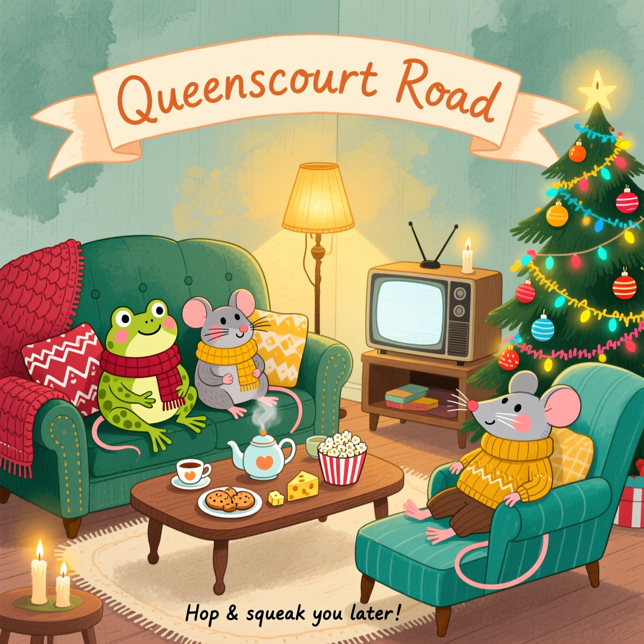 Cozy, cute farewell illustration in a hand-drawn style with fine linework and textured brush strokes. Portrait orientation, full-bleed. At the very top, a softly curved ribbon banner reads “Queenscourt Road” in warm hand-lettering. A snug living room scene: two frogs and one rat lounging together on a plush vintage sofa with knitted throws and patterned cushions; a second rat reclines on a matching chaise longue nearby. A low wooden coffee table holds a steaming teapot, teacups, and snacks (biscuits, popcorn, little cheese cubes). An old TV on a small stand glows gently (no text on screen). In the corner, a Christmas tree twinkles with colorful fairy lights, baubles, and tinsel. Warm lamplight and tree lights create a golden, inviting glow; subtle paper grain, watercolor-like washes; balanced composition. Characters are cute and expressive, with rosy cheeks and cozy scarves/sweaters. Palette: moss greens, cranberry reds, mustard yellow, teal, candlelit creams. At the bottom, add one small, playful hand-lettered caption: “Hop & squeak you later!” No logos or watermarks.
Generated with these themes: .
Made with ❤️ by AI.