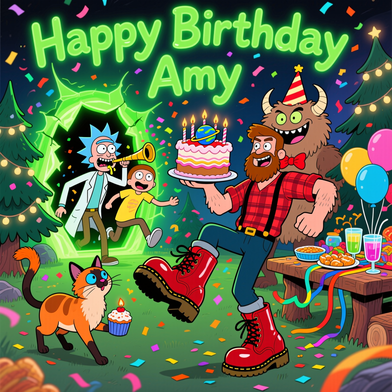 At the top of the Cartoon Style image, “Happy Birthday Amy” in bold, wobbly neon‑green portal lettering.

A playful, funny, high-energy cartoon scene bursting with color: In the background, a glowing lime-green portal crackles open as Rick (spiky blue hair, lab coat, mischievous grin, a dribble on his chin) and Morty (wide-eyed, yellow tee, party horn in his mouth) tumble out with confetti spraying. Beside them, the Hormone Monster (big fuzzy tan-brown fur, horns, bushy brows) beams a goofy, PG-friendly smile, wearing a cone party hat and red bow tie while proudly presenting an absurdly tall birthday cake topped with tiny planet candles. In the foreground, a burly, bearded lumberjack in red plaid and suspenders does an exaggerated high-knee dance, showing off oversized, glossy cherry-red Doc Martens boots—huge soles, bouncy laces, super shiny—sprinkles pinging off them mid-stomp. An all-ginger Siamese cat (slender, big ears, bright blue eyes, orange from nose to tail) teeters in another pair of comically large black Doc Martens, tangled in rainbow streamers, smugly batting at a cupcake. Pine trees draped with fairy lights frame a rustic log “table” piled with sci‑fi snacks and glowing punch; balloons, confetti bursts, and zippy motion lines fill the air. Exaggerated proportions, thick black outlines, cel shading, and bright saturated colors (neon greens, electric blues, hot pinks, sunny oranges, cherry reds). Low, wide-angle perspective to emphasize the boots and chaotic party energy. Keep the vibe goofy, wholesome, and PG.

Add a single cheeky caption at the bottom on a small ribbon banner: “Kick this birthday into another dimension!”
Generated with these themes: Doc Martin Boots, Rick and Morty, Big mouth TV show specifically the hormone monster, An all Ginger siamese cat, Lumber jack with a beard , and .
Made with ❤️ by AI.