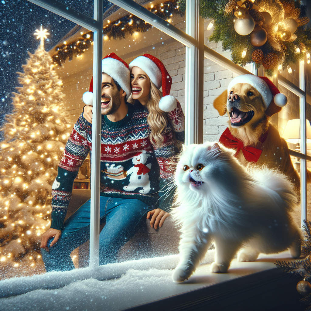 A cozy Christmas illustration depicts a snowy scene with a white Persian cat sitting atop a warm windowsill, observing the festivities outside. In the foreground, a white male and female couple, donning festive holiday sweaters and matching Santa hats, laugh joyously as they watch their playful white Pomeranian dog escaping the playful chase of a friendly golden retriever, adorned with a red bow, against a backdrop of twinkling holiday lights and a decorated tree.
Generated with these themes: White persian cat, White male and female couple with the dogs, and White pomeranian dog running away from a golden retriever.
Made with ❤️ by AI.