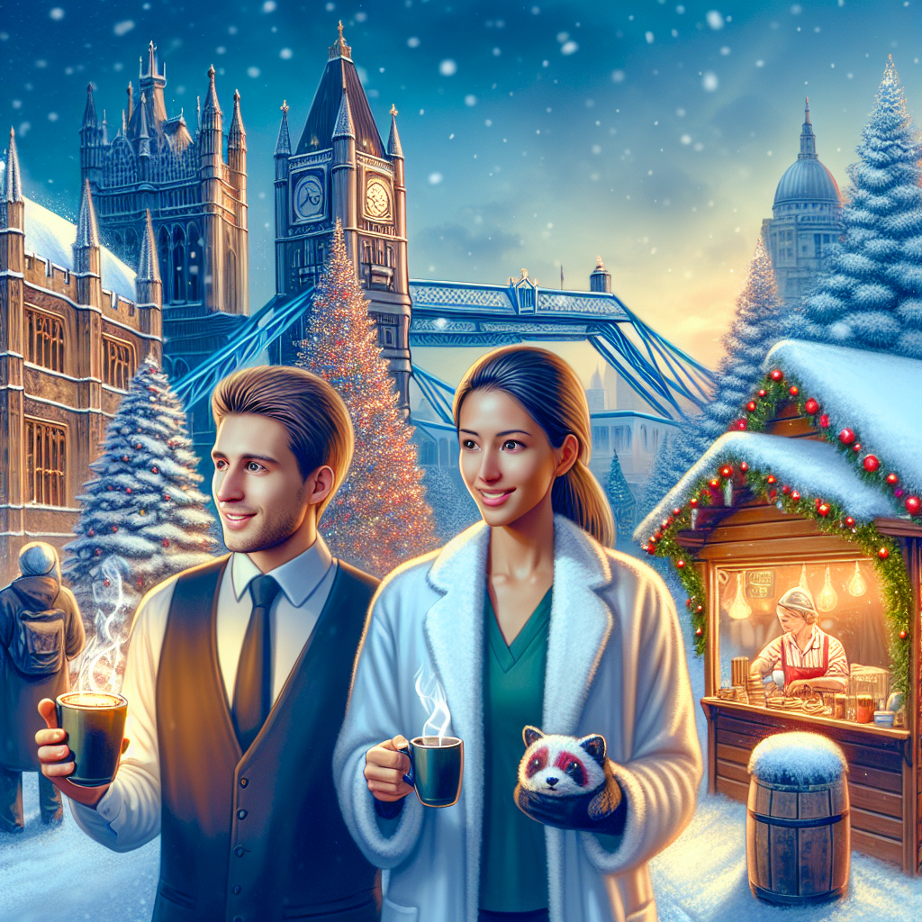 This festive illustration shows a snowy London scene with a male forex trader with white skin and short brown hair and a female scientist with white skin and long brown hair sipping warm drinks by a Christmas market stall, with the London Bridge and a Christmas tree in the background.
Generated with these themes: Male forex trader with white skin and brown short hair, Female scientist with white skin and long brown hair, and Snowy London.
Made with ❤️ by AI.