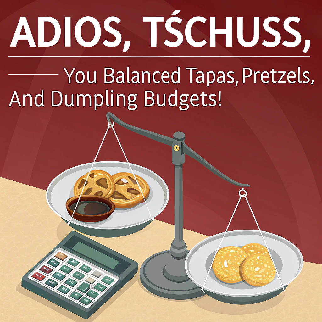 At the top center in bold, modern sans-serif (multilingual glyphs), large and punchy: “Adiós, Tschüss, 再见 — You balanced tapas, pretzels, and dumpling budgets!”

Create a clean flat-vector scene beneath the line:
- Central motif: a sleek calculator forms the hub of a three-arm mobile, perfectly level.
- Each hanging plate represents a region with finance flair:
  - Spain: a simple paella pan of saffron-yellow rice with a small gold € coin.
  - Germany: a glossy brown pretzel with a tidy stack of euro coins.
  - China: a bamboo steamer with three white dumplings and a gold ¥ coin.
- Behind each plate, faint monochrome silhouettes to anchor place: Sagrada Familia, Brandenburg Gate, and a stylized Great Wall segment, each aligned under its matching plate.
- Subtle finance accents: tiny flat pie chart and bar chart blocks near the calculator hub; a tidy stack of receipts; a small rolling suitcase tag shaped like a % symbol to hint “farewell.”
- Style: crisp lines, solid color blocks, no textures, minimal or no gradients, generous negative space. Clean geometry, rounded corners on the calculator, thin consistent stroke weights.
- Palette: warm saffron/yellow, pretzel brown, soft coral red, slate/charcoal, teal accents, off-white background. Keep it balanced and bright.
- Lighting/shadows: minimal flat drop-shadows only if needed for separation, very soft and vector-clean.
- Composition: text dominates the top; the mobile and icons sit centered with roomy margins; everything symmetrical and tidy to visually echo “balanced books.”
Generated with these themes: Financial controlling, Spain, Germany, China, and .
Made with ❤️ by AI.
