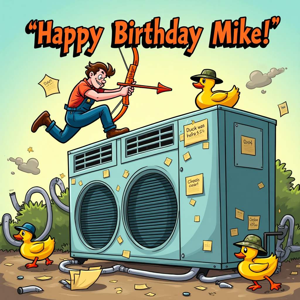 At the top of the Cartoon Style image, write in bold, bouncy, colorful letters: **Happy Birthday Mike!**  

Create a funny, chaotic cartoon scene bursting with color: a goofy HVAC repairman in overalls, balancing precariously on top of a giant refrigeration unit while hunting for a runaway rubber duck with a bright orange toy bow and arrow. Sticky notes are plastered all over the HVAC unit, fridge doors, and even the repairman’s face—each with silly scribbles like “Duck was here!” or “Check coolant!” The runaway rubber duck, wearing a camouflage hunting hat, peeks mischievously from behind a coil of ductwork, holding a tiny sticky note that says “Too slow!”  

In the background, other ducks waddle through piles of dropped tools, while refrigerant pipes twist like a jungle gym. The colors are bright and cheerful—yellows, blues, and greens—thick outlines and exaggerated expressions everywhere. The overall vibe is zany, playful, and perfect for a lighthearted birthday laugh.
Generated with these themes: Hvac, Refrigeration, Sticky notes, Hunting, Rubber ducks, and .
Made with ❤️ by AI.