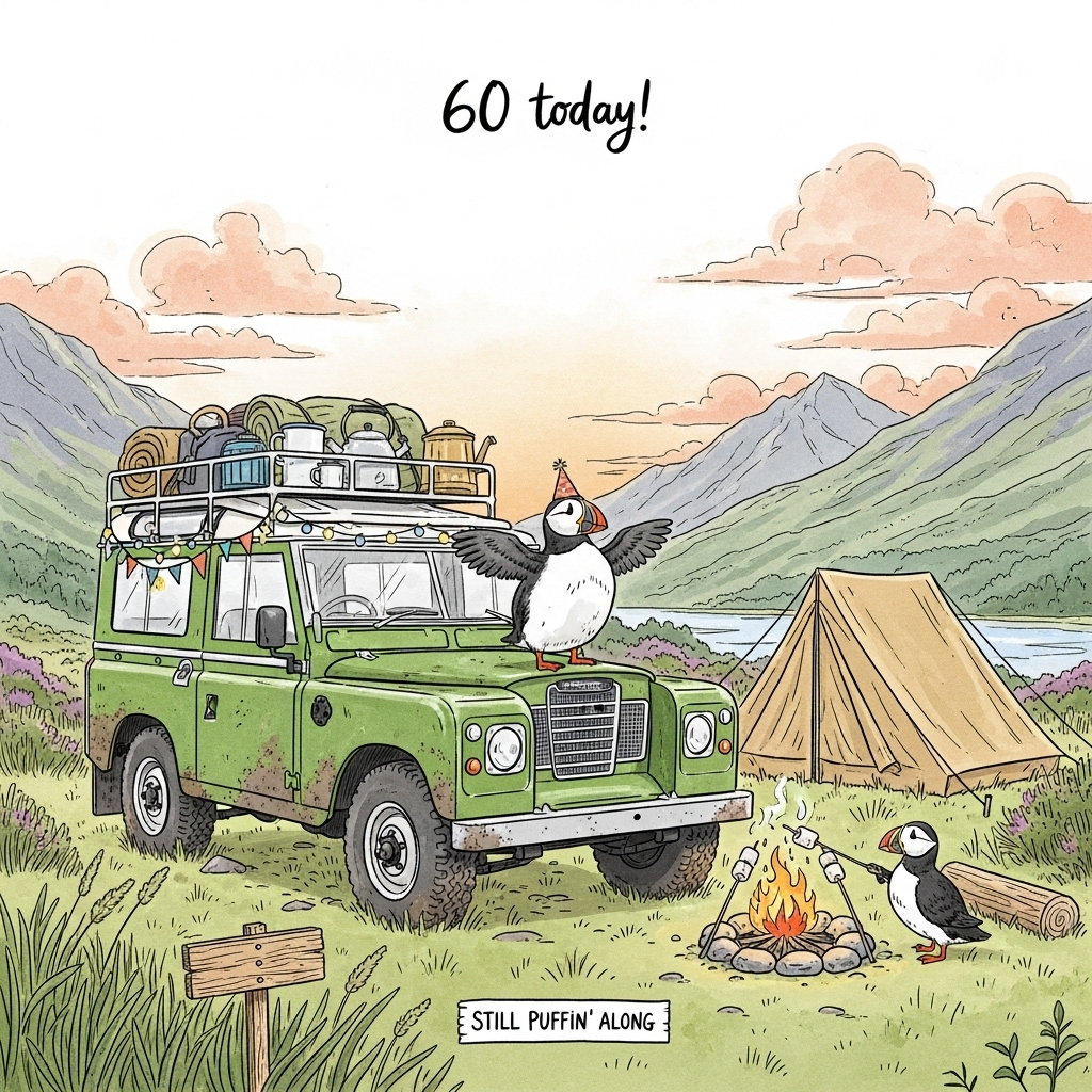 At the top of the Illustration Style image, 60 today!

Hand-drawn illustration with fine linework and textured brush strokes, balanced composition, and a warm, expressive color palette. A classic moss-green Land Rover (slightly muddy, charmingly battered) is parked at a cozy highland campsite. The roof rack brims with camping gear—rolled canvas, enamel mugs, a whistling kettle, a string of tiny festive bunting and fairy lights. A plump puffin in a tiny party hat stands proudly on the bonnet, wing outstretched as if giving directions, while another puffin wobbles near the campfire attempting to toast a marshmallow. In the background, dramatic mountains rise against a golden-hour sky, with heather, wild grasses, and a glimmering loch adding depth. The scene is playful yet detailed: soft, warm oranges and pinks in the sky, mossy greens and teal shadows, crisp ink lines with watercolor-like washes, and visible paper grain. Keep the composition airy with clear sky space at the top for the headline, the Land Rover and tent slightly off-center, the campfire and puffins drawing the eye for a humorous focal point.

At the bottom, add a small hand-lettered caption on a wooden campsite sign: Still puffin' along!
Generated with these themes: Land-rover puffin mountains camping, and .
Made with ❤️ by AI.