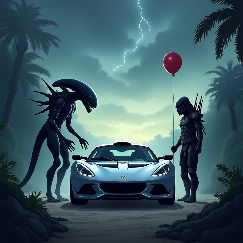 **Prompt:**  
At the top of the illustration image, *"Happy Xeno-Speed Birthday, Roger!"*

Illustrate a solemn yet epic standoff scene under a stormy twilight sky. In the middle ground, an iridescent silver Lotus Exige is eerily parked at the center of a desolate alien jungle clearing. Standing tall and stoic on one side of the car is an Alien (Xenomorph), its elongated head catching faint beams of celestial light. On the opposite side, a Predator, fully armored and cloaked in a calm battle stance, regards the Alien with wary respect. Mist coils low around their feet and bioluminescent flora glows gently in the shadows. Despite the tense mood, a single party balloon is mysteriously tied to the car’s rearview mirror—popped. The scene blends suspense, surreal reverence, and understated birthday mischief. Illustration style should be painterly with strong moody lighting, evoking a hushed atmosphere before an epic chase that no one’s quite sure they want to begin… yet.
Generated with these themes: Alien vs predator, and Lotus exige.
Made with ❤️ by AI.