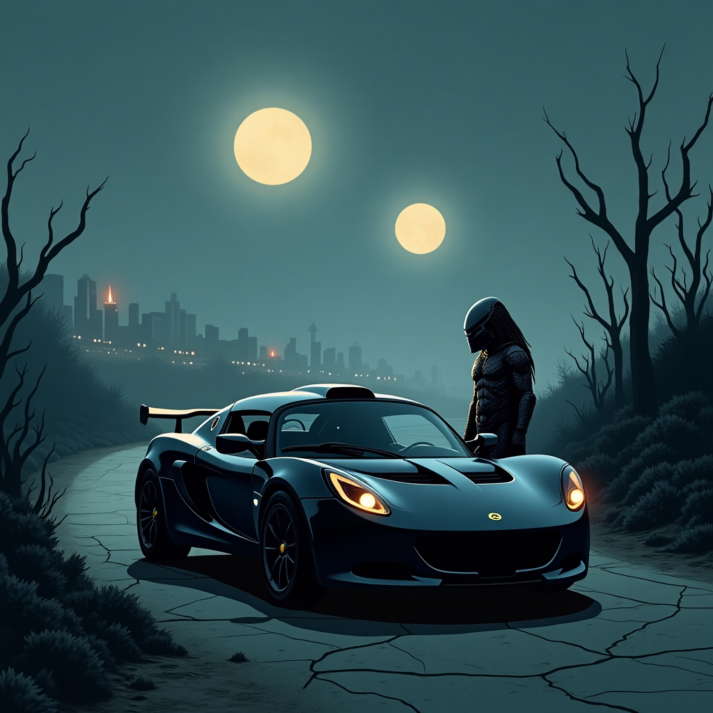 **Prompt:**

At the top of the illustration image, *"Happy Burst-day, Roger – Hope the Exige Outruns the Chestburster!"*

Illustration style image with a solemn, atmospheric tone. In the foreground, a matte-black Lotus Exige sits quietly under a gloomy alien sky, its sleek curves illuminated by the cold, eerie glow of a distant moon. Standing beside the Exige, a solitary figure of the Predator—unmasked and reflective—rests a heavy hand on the roof, gazing pensively into the misty distance. Hidden among the jagged alien foliage behind him, faintly lit by bioluminescent plants, a xenomorph watches silently from the shadows. The whole scene feels heavy and still, as if time is suspended before a moment of epic, unavoidable tension. Wisps of fog curl across the cracked surface of an alien highway. In the distance, a ruined city lies beneath twin moons—both shaped like candles barely holding onto their flame.
Generated with these themes: Alien vs predator, and Lotus exige.
Made with ❤️ by AI.