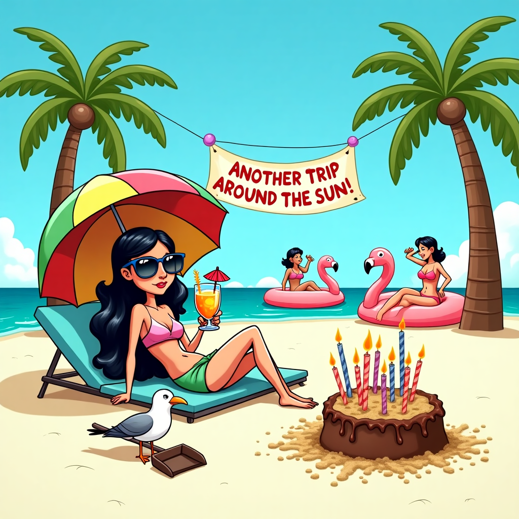 White sand beach and drinks, and Felimar has black hair and she's skiny and she's hidding the age? Birthday Card