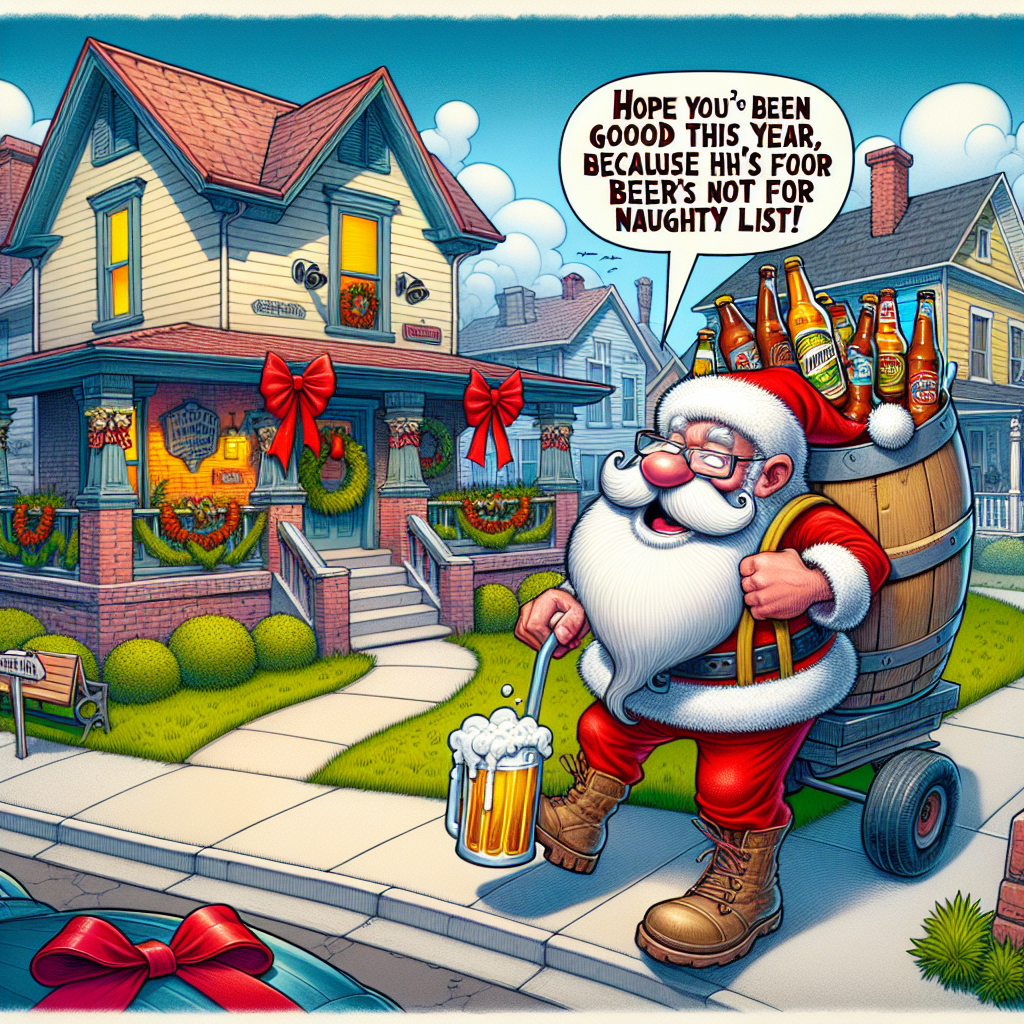 Visualize a vibrant, cartoon-style neighborhood where houses are festively decked out with Father's Day decorations. At the heart of this scene stands a mirthful, white-bearded character known as Daddy Claus. Despite standard representation, imagine him in summer attire, incorporating features of a traditional Santa suit. His action involves cheerfully pushing a huge barrel of beer towards a house that's accentuated further by a large bow on the front door. To underscore the humor of the scene, include a colorful speech bubble above Daddy Claus, in which he humorously says, 'Hope you've been good this year, because this beer's not for the naughty list!'
Generated with these themes: Daddy Claus, who is Father's Day's version of Father Christmas is delivering beer to a house , and Daddy Claus is saying something funny in a speech bubble.
Made with ❤️ by AI.