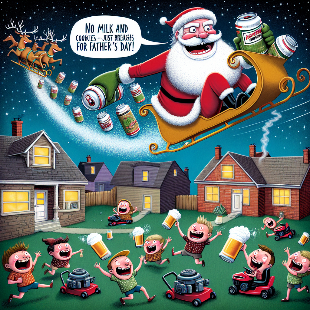 Create a whimsical image of a starry evening backdrop featuring a merry, cartoon-style Father Christmas, flying in a sleigh that is pulled by a team of anthropomorphized, grinning lawn mowers. Father Christmas is humorously depicted throwing cans of beer down chimneys, each can is adorned with a comical tie. He possesses a mischievous grin and there's a speech bubble next to him saying, 'No milk and cookies here – just brews and laughs for Father's Day!' Besides the houses, there are joyful children of various ages and descents with different genders, attempting to catch the beer cans using their baseball mitts.
Generated with these themes: Daddy Claus, who is Father's Day's version of Father Christmas is delivering beer to a house , and Daddy Claus is saying something funny in a speech bubble.
Made with ❤️ by AI.