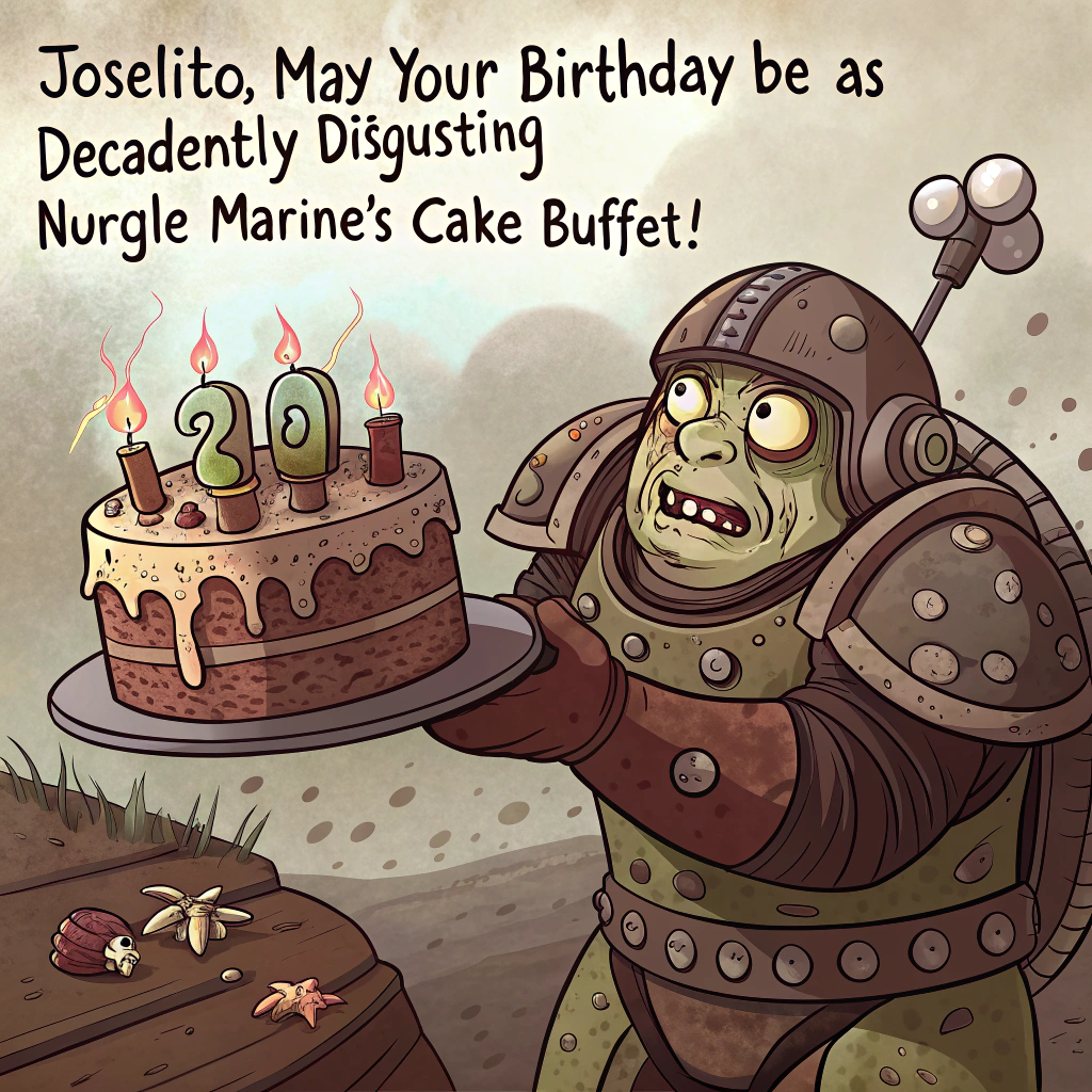 At the top of the image, "Joselito, may your birthday be as decadently disgusting as a Nurgle marine’s cake buffet!"

– Illustrate a hilariously grotesque cartoon-style scene of a bloated, jolly Nurgle Space Marine in rusted, pus-dripping armor, proudly presenting a lopsided, oozing birthday cake crawling with tentacles and eyeballs. The cake candles are oddly shaped plague flies that are somehow aflame, and one is melting ominously onto a pile of cupcakes with little nurglings gleefully belly-flopping into the frosting. A banner overhead reads “Spoil Yourself!” in slimy green icing. The overall vibe is grotesquely joyful, like a party in a diseased swamp that forgot to be depressing.
Generated with these themes: warhammer 40k Nurgle marine cake.
Made with ❤️ by AI.