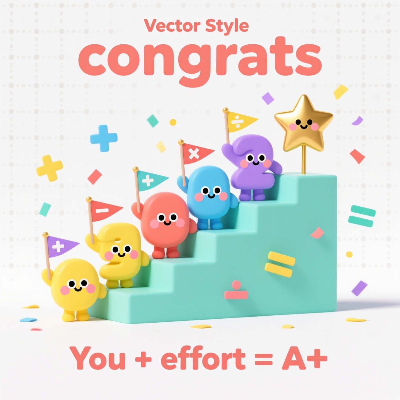 At the top of the Vector Style image, "congrats"

At the bottom of the image, "You + effort = A+"

- Clean flat-vector scene in a cute, modern style with crisp lines, solid color blocks, and minimal gradients.
- Center: a joyful Number Parade—kawaii digits 0–9 as chunky, colorful characters with round eyes and rosy cheeks, arranged like an ascending staircase to show progress.
- Each number holds tiny pennant flags featuring +, −, ×, ÷, and = symbols; a shiny flat-gold star floats above the highest step.
- Confetti shaped like math symbols (plus, minus, equals) sprinkles around the scene.
- Background: soft off-white with a faint, subtle dotted grid (very light, non-distracting), generous white space.
- Color palette: pastel mint, lemon, coral, sky blue, lavender, sunshine yellow; bold high-contrast for text.
- Typography: “congrats” in a big, friendly rounded sans-serif, all lowercase, centered and wide tracking; bottom line in a smaller, clean sans-serif, simple and punchy.
- Shadows: minimal flat drop-shadows and simple highlights to keep it crisp and cute; no textures, no noise.
Generated with these themes: Math learning number, and .
Made with ❤️ by AI.