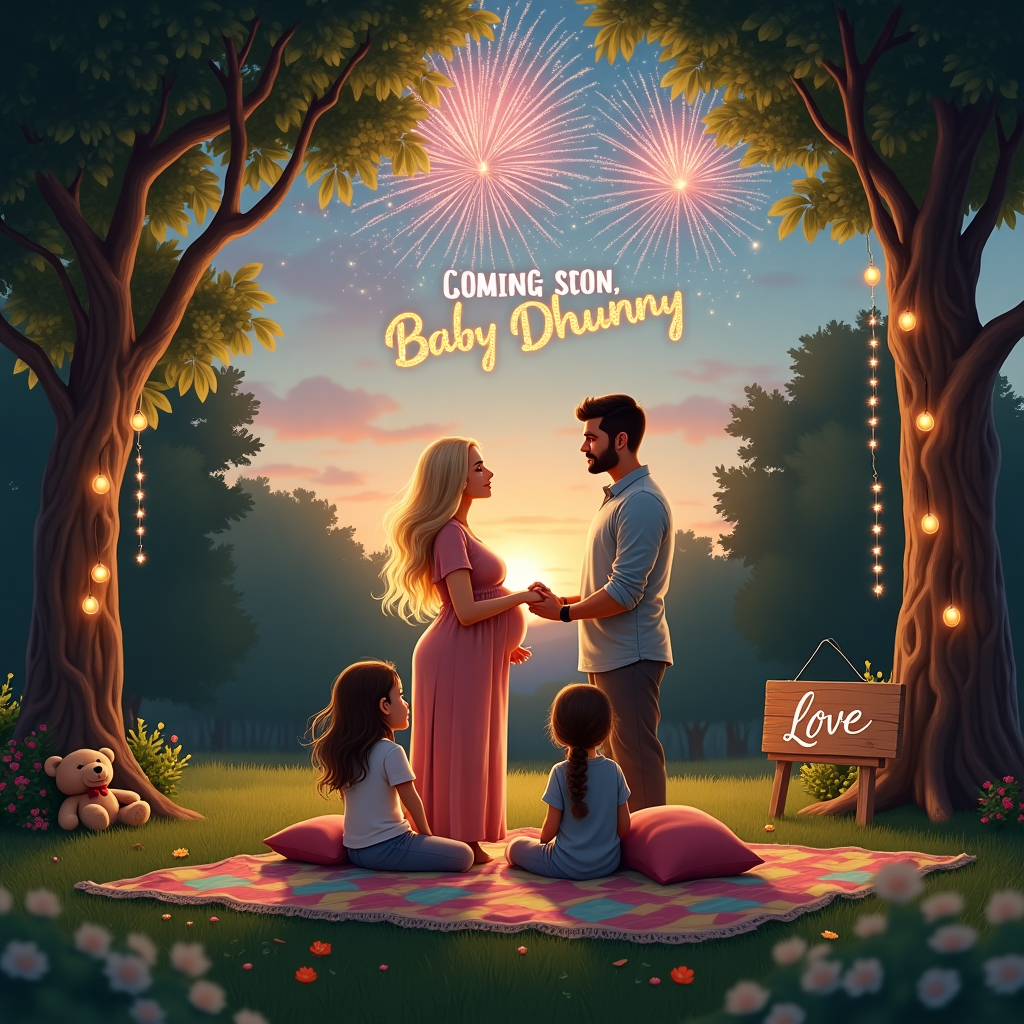 In the foreground of this surreal realistic photograph, a family stands together in a lush, expansive garden under a twilight sky. The mother, with flowing blonde hair and a visible pregnancy bump, is gently holding hands with her husband, who has light brown skin and short black hair. He is seated on a cozy, patchwork blanket that sprawls across the grass, surrounded by colorful cushions. Their two daughters, with cascading brown hair, sit beside them, gazing up at the sky in anticipation. Above them, the 2025 New Year’s fireworks begin to burst, painting the sky in brilliant hues of gold, pink, and blue. Among the fireworks, in sparkling letters, the words “Coming Soon, Baby Dhunny” appear, as if written by the hand of the sky itself. A gentle breeze causes the surrounding tall trees to sway, their leaves whispering secrets of the seasons. Hanging from one of the trees is a string of fairy lights that softly glow, adding warmth to the scene. In the background, a small wooden sign, artistically carved and painted, rests against a tree trunk, spelling out "Love" in whimsical script. A plush teddy bear sits nearby on the blanket, a symbol of the coziness and warmth enveloping this outdoor family gathering.
Generated with these themes: 2025, Fireworks, Coming soon, Love, Outside, Realistic, 2 sisters brown  long hair, Mother blonde hair and pregnant, Father light brown skin short black hair, and Cozy.
Made with ❤️ by AI.