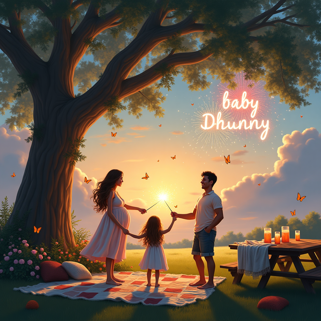 In a lush, expansive garden bathed in the gentle light of a setting sun, a cozy family gathering is unfolding. This surreal scene is centered around a grand oak tree, its branches adorned with delicate fairy lights twinkling like stars in the twilight. Two sisters with long, flowing brown hair, dressed in pastel sundresses, dance playfully around their pregnant mother, who stands near the tree. Her hair, a cascade of golden curls, glimmers in the evening light, highlighting her serene smile as she gently rests a hand on her round belly. The father, with his light brown skin and short black hair, stands beside her, a picture of warmth and anticipation. He holds a sparkler, writing “2025” in the air, with sparkling trails lingering as a hint of magical fireworks begin to burst in the sky.

Above them, the sky is a masterpiece, painted with surrealistic hues of purples, blues, and oranges, where vivid fireworks explode into shapes that spell out "Coming Soon" in dazzling letters. Amidst the brilliance, the clouds morph into fluffy letters that spell out "baby Dhunny," gently floating across the sky as if cradled by the gentle breeze. Nearby, a wooden picnic table is adorned with a plush, patchwork quilt and scattered with cozy, hand-knit blankets and cushions, inviting everyone to sit and share in this moment of love and togetherness.

The air is filled with the scent of blooming flowers and the sound of laughter, as butterflies flit through the scene, adding an ethereal touch. The surreal elements, like the spelling in the sky and the harmonious blending of fireworks and fairy lights, convey the magic of this moment as the family awaits the arrival of baby Dhunny.
Generated with these themes: 2025, Fireworks, Coming soon, Love, Outside, Realistic, 2 sisters brown  long hair, Mother blonde hair and pregnant, Father light brown skin short black hair, and Cozy.
Made with ❤️ by AI.