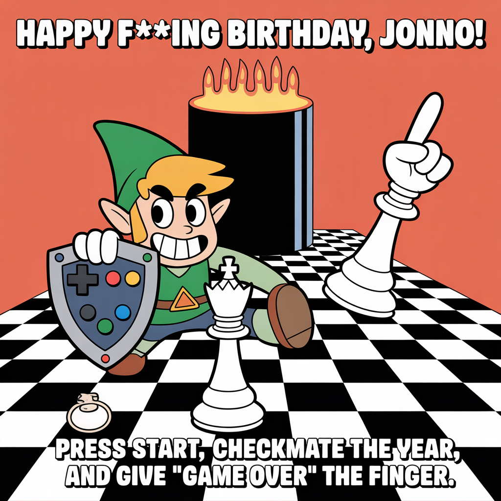 At the top of the Cartoon Style image, "Happy F***ing Birthday, Jonno!"

At the bottom of the image, "Press START, checkmate the year, and give 'Game Over' the finger."

Create a bold, playful cartoon scene with exaggerated proportions, thick black outlines, and bright, saturated colors:
- Composition: a Kubrick-inspired one-point perspective corridor made from a gleaming chessboard floor, leading to a towering, black monolith-shaped birthday cake glowing with blue rim-light and topped with chunky pixel-candle flames.
- Center character: a Zelda-inspired, green-hooded cartoon adventurer in a tunic with a shining triangular emblem; wide grin, huge expressive eyes, and hyper-exaggerated limbs. One foot is planted on a toppled king chess piece, the other ready to spring.
- Pose and attitude: left arm holds a chunky retro game-controller shield (big D-pad and candy-colored buttons); right hand is an oversized white-gloved cartoon hand flipping a bold middle finger, surrounded by sparkly action lines for maximum cheek.
- Kubrick nods: perfect symmetry, dramatic vanishing point, and a glossy red HAL-like “eye” balloon floating at head height, reflecting the scene.
- Gaming flair: floating pixel hearts, rupees, 8-bit sparkles, a glowing “PRESS START” arcade button near the foreground edge, and confetti shaped like tiny triforces and pawns.
- Chess energy: cheerful cartoon pawns wearing party hats, a knight piece charging like a hobby-horse, and a rook firing harmless party streamers.
- Color and finish: neon greens, cobalt blues, hot pinks, and lemon yellows against the deep-black monolith; bold cel-shading, thick outlines, energetic motion swooshes, and a fun, rude, celebratory vibe.
Generated with these themes: Stanley Kubrick, Zelda, gaming, chess, rude finger, and .
Made with ❤️ by AI.