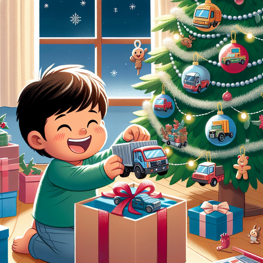 Photo of a heartwarming Christmas moment where a child, depicting a happy customer, excitedly unboxes a gift, a detailed toy truck, under a Christmas tree decorated with various transport themed ornaments.
Generated with these interests: Transport, Trucks, and Happy customer.
Made with ❤️ by AI.