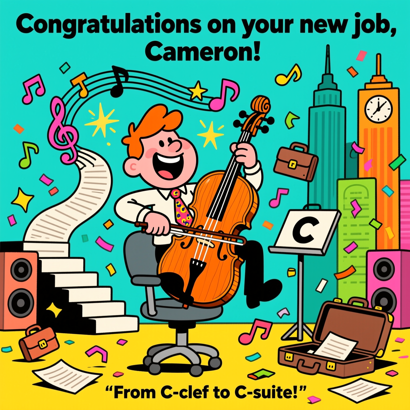 At the top of the Cartoon Style image, "Congratulations on your new job, Cameron"

Playful, funny cartoon scene with exaggerated proportions, thick black outlines, and bright saturated colors. Center stage: a jubilant character in an energetic pose playing an oversized viola (clearly a viola—warm amber wood, slightly larger body, C-bouts visible), grinning as they bow a triumphant gliss. The bow hair arcs like a ribbon, leaving a trail of musical notes and sparkly starbursts. The character wears a cheeky tie patterned with tiny C-clefs.

Set the scene in a whimsical hybrid “orchestra-meets-office”: a rolling office chair like a tiny chariot underneath, sheet-music pages swirling into a staircase of staff lines that spiral upward toward a stylized skyline of skyscrapers shaped like metronomes and speakers. Confetti explodes as music-note and tiny briefcase shapes. A music stand beside them proudly displays a big C-clef symbol. An open viola case doubles as a briefcase on the floor, papers fluttering like eighth notes. Add motion lines, comic sparkles, and bold, bouncy shadows to amplify the celebratory chaos.

Color palette: electric teal, sunshine yellow, coral orange, magenta, and lime green against a clean, bright background. Keep everything high-contrast and joyous, with chunky outlines and bouncy, rounded forms.

At the bottom of the Cartoon Style image, small cheeky caption: "From C-clef to C-suite!"
Generated with these themes: Playing the viola, music, and .
Made with ❤️ by AI.