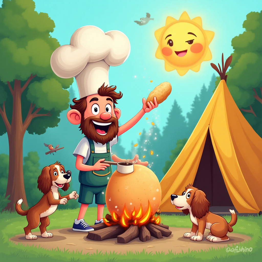 **Image Prompt:**

Create a whimsical cartoon scene set in a sunny campsite, where a cheerful dad with a comically oversized chef's hat is baking an enormous loaf of bread over a campfire. Next to him, two playful spaniels, a Welsh Springer Spaniel and a Cocker Spaniel, are enthusiastically assisting. The Welsh Springer is juggling bags of flour and a giant spoon, while the Cocker Spaniel, with a mischievous glint in its eyes, is attempting to steal a piece of dough with its paw.

In the background, lush green trees and a tent add to the camping vibe. A few curious birds are peeking from the trees, and a cheerful sun shines down with a friendly face.

**Text Caption:**  
"Bread-raising Dad! Happy Father’s Day!"
Generated with these themes: Camping , Welsh springer spaniel, Cocker spaniel, Baking bread, and .
Made with ❤️ by AI.