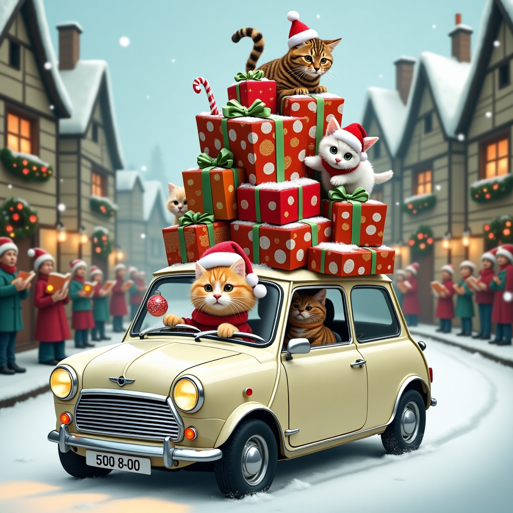 In this whimsical Christmas scene, a cream Mini Cooper, decked out in a light dusting of fake snow, zooms down a quaint, snow-blanketed village street. The car is hilariously overstuffed with a tower of brightly wrapped presents, all precariously balanced and bursting out of the open sunroof. Each gift is wrapped in vibrant paper, showcasing classic holiday patterns like candy canes, snowflakes, and jolly Santa faces. Behind the wheel sits a spirited blonde lady, wearing a knitted red and white Santa hat with a pom-pom that bounces with the car’s movement. Her scarf flutters out of the window, adding a dynamic splash of red and green against the white surroundings.

Perched confidently on the roof of the Mini Cooper are her two mischievous cats, both wearing miniature Santa hats. The first cat, a tabby with distinct tiger-like stripes, leans forward, intently focused, as if steering an invisible sleigh. The second cat, a fluffy white Persian, is nonchalantly swatting at a dangling ornament from the tower of presents, adding a dash of feline humor to the scene. Around them, the street is lined with quaint, Tudor-style houses adorned with twinkling fairy lights and wreaths on every door. In the background, a group of cheerful carolers can be seen, bundled up in winter coats and hats, holding songbooks while a soft flurry of snowflakes begins to fall, completing this playful, holiday adventure.
Generated with these themes: Cream Mini Cooper full of presents with blonde lady driving and her two cats on the roof.
Made with ❤️ by AI.