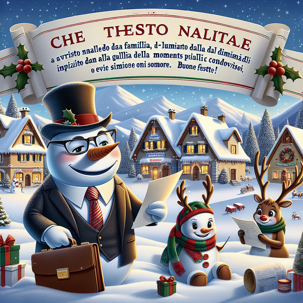 A whimsical snowy town setting serves as the backdrop for a cute cartoon Christmas scene, with a cheerful snowman wearing a tie and holding a briefcase, symbolizing a Manager. Reindeer with glasses and festive hats are seen discussing documents, denoting Insurance and Financial Services. Centered in the scene is an ornamental banner containing the text 'Che questo Natale sia avvolto dal calore della famiglia, illuminato dalla gioia dei momenti condivisi e impreziosito dalla magia di ogni sorriso. Auguri di un sereno e felice Natale, pieno di pace e amore. Buone Feste!' ensuring its visibility and accuracy for the highest priority.
Generated with these themes: Manager, Insurance, and Financial Services.
Made with ❤️ by AI.