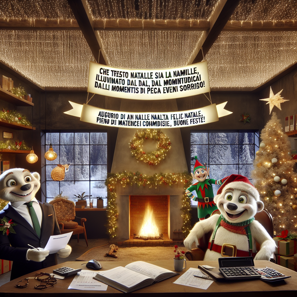 In the second variation, a cozy, decorated office interior with a fireplace is strewn with tinsel and Christmas lights. An animated elf cartoon character, dressed in a suit, represents the Manager while a pair of merry polar bears are depicted with calculators and ledger books, symbolizing Insurance and Financial Services. Hanging above, a bright, glistening banner showcases the text 'Che questo Natale sia avvolto dal calore della famiglia, illuminato dalla gioia dei momenti condivisi e impreziosito dalla magia di ogni sorriso. Auguri di un sereno e felice Natale, pieno di pace e amore. Buone Feste!' with special attention to the correct spelling.
Generated with these themes: Manager, Insurance, and Financial Services.
Made with ❤️ by AI.