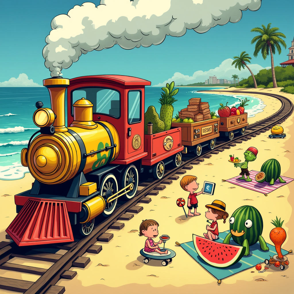 Sure! Let's dive into this vibrant, quirky world:

In the foreground, a whimsical, brightly colored steam train chugs along a sandy beach. The train has a distinct, retro look inspired by vintage comic strips, with its smokestack puffing out clouds shaped like beach balls. The train cars are filled with various gadgets; you can see a smart toaster popping out whole-grain avocado toast, a blender making smoothies, and a quirky robot holding up a tray of fresh fruits and vegetables, wearing sunglasses and a beach hat.

The beach itself is bustling with activity. On one side, a classic radio with a smiling face, wearing oversized cartoonish headphones, is playing lively music that seems to ripple through the air in wavy lines, affecting everything it touches with a fun rhythm. Nearby, a family of anthropomorphic vegetables—like a carrot dad with a bow tie and a celery mom with a sunhat—are sunbathing on beach towels, sipping on coconut water.

Further down the beach, a group of playful, gadget-loving beachgoers are gathered around a sandcastle that doubles as a Wi-Fi hotspot. There's a kid holding a tablet, showing off a video of how to make the perfect sand smoothie bowl, while another, inspired by Charles Schulz’s Peanuts, flies a drone that resembles a little yellow bird (think Woodstock).

In the background, surfers made of watermelon slices are riding waves, with big, joyful grins on their faces. You can also spot a few whimsical elements borrowed from classic animation: a sea turtle riding a skateboard and a giant octopus DJ with turntables made from old vinyl records.

All these elements come together in a lively, detailed panorama, blending trains, radios, beaches, gadgets, and healthy food into a singular, quirky birthday celebration.
Generated with these themes: Trains, Radio, Beach, Gadgets, and Healthy food.
Made with ❤️ by AI.