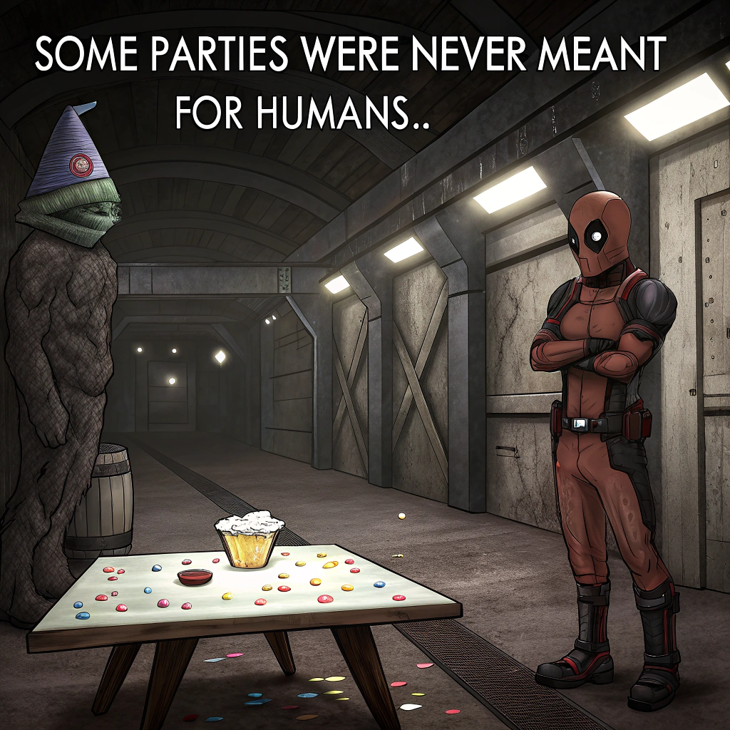 At the top of the image, "Some parties were never meant for humans..."

- Depict a solemn, dimly lit party scene in a dingy industrial corridor, reminiscent of the interior of a derelict spaceship. 
- Deadpool stands awkwardly to the side, arms crossed, wearing a wrinkled paper party hat, his expression unreadable under the mask. Confetti lies limp around his boots.
- Centered in the image, a towering, hyper-realistic Xenomorph looms over a small birthday table, its biomechanical body glistening with slime. It wears a comically small, polka-dot party hat balanced atop its domed skull.
- Drool streams from its open maw, just inches above a pristine birthday cake covered in intricate blue icing swirls.
- Floating balloons cast long shadows, and the lighting is eerie with a sickly green-blue tint, giving everything an uneasy atmosphere.
- Above the cake, a tattered banner reads: “STAY AWAY FROM THE CAKE, YOU BITCH!” in blood-red lettering, ragged and crookedly strung.
- There’s a slight sense of impending chaos in the air—this is a celebration teetering on disaster.
Generated with these themes: Deadpool , Big, scary Xenomorph wearing party hat and drooling, Balloons, Birthday cake with blue icing, and Banner saying Stay away from the cake you BITCH!.
Made with ❤️ by AI.