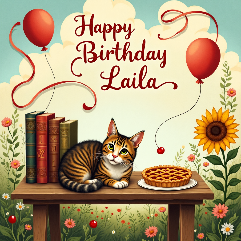 In the foreground of the illustration, a charming tabby cat with striking green eyes and a soft, fluffy coat lounges regally on a quaint wooden table. The table, worn and rustic, sits amidst a lush garden setting where wildflowers sway gently. Beside the cat, a delicious cherry pie, its lattice crust golden and glistening with sugar crystals, invites admiration. The pie filling is vividly red, with cherries peeking through the lattice, some spilling artistically onto the table. Behind the table, a row of antique books forms an impromptu barrier, with each book spine bearing a letter to spell out "Happy Birthday Laila" in ornate, calligraphic script reminiscent of Edward Gorey. Above, a whimsical sky painted in soft pastels stretches out, where puffy clouds resemble Beatrix Potter's dreamy backdrops. Intertwined with the clouds are whimsical ribbons and balloons, inspired by Quentin Blake's exuberance, playfully twirling across the sky, while a single string ties a balloon directly to the "L" in Laila, giving the scene a delightful connection. To the side, a large sunflower bends its head slightly as if nodding in agreement to the day's festivity, its petals catching the sun's light like a Maxfield Parrish painting. The whole scene is bordered by intricate vines, echoing Arthur Rackham’s delicate touch, guiding the viewer's eye toward the centerpiece—this wonderful tableau of celebration for Laila.
Generated with these themes: Tabby cat, and Cherry pie filling.
Made with ❤️ by AI.