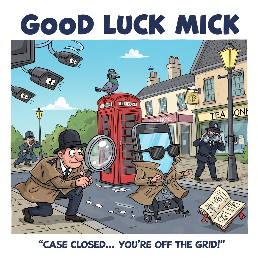 At the top of the Cartoon Style image, write in bold, playful police-style lettering: **Good Luck Mick**  

Create a funny, vibrant cartoon scene showing a bumbling British police detective (complete with a comically oversized magnifying glass, a bowler hat too big for his head, and a trench coat flapping in the wind) trying to "investigate" a giant mobile phone on wheels that's clearly trying to sneak away in a trench coat and sunglasses. The street scene is exaggerated and bright, with red phone boxes, tea shops, and a suspicious pigeon wearing a tiny headset perched nearby. The detective is crouched, peering intently, while in the background another constable hides behind a lamppost holding binoculars the wrong way round. Add whimsical details like CCTV cameras with cartoon eyes swivelling to follow the runaway phone, and a police notebook falling open with doodles instead of clues.  

At the bottom in a cheeky caption, add: **"Case closed… you're off the grid!"**
Generated with these themes: Mobile surveillance, police detective Uk , and .
Made with ❤️ by AI.