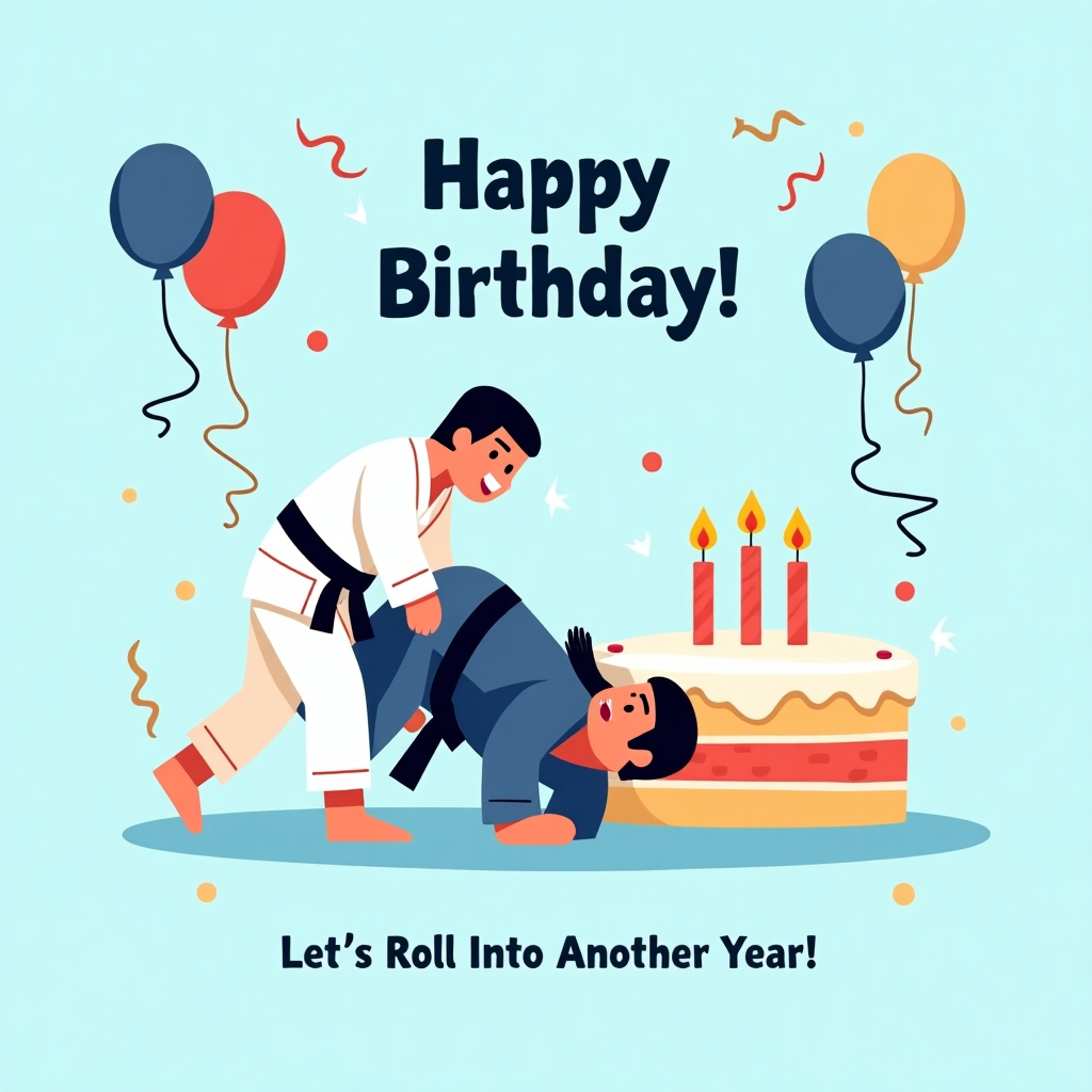 **Front Cover Design for a Jiu-Jitsu Birthday Card:**

1. **Main Scene**: A flat, vector-style illustration depicting a playful and whimsical jiu-jitsu scene.

2. **Background**: 
   - A smooth, solid pastel blue backdrop, providing a clean and uncluttered surface. 
   - Add a few stylized geometric shapes in lighter shades of blue and white to mimic abstract gym mats or dojo flooring. 

3. **Central Characters**: 
   - Two cartoonish characters in a jiu-jitsu match. They should be in mid-action, capturing the dynamic essence of a rolling or grappling movement.
   - Character 1: Wearing a crisp white gi with a black belt, featuring exaggerated rounded shapes for hands and feet. The gi should have flat, black lines to show minimal details like stitching or folds.
   - Character 2: In a vibrant red gi with a blue belt. Use simple, contrasting colors for the belt and gi, employing flat vectors with subtle highlights to give a sense of texture.
   - Both characters should have simplified, expressive faces, with big round eyes and wide smiles, giving a sense of friendly competition.

4. **Objects**: 
   - A large, flat birthday cake off to the side, illustrated with flat shapes and simple colors. The cake should have a base layer of cream with vibrant blue and red layers, matching the characters’ gis. 
   - Simple geometric candles on top of the cake with stylized flames, perhaps in bright yellows and oranges.

5. **Additional Elements**: 
   - Floating, flat, vector balloons around the characters in a palette of primary colors (red, blue, yellow), with thin, winding black lines for strings.
   - Flat party streamers in similar colors, arching across the top corners of the card.

6. **Typography**: 
   - A bold, clean, sans-serif font at the top, reading “Happy Birthday!” in a rich navy blue to stand out against the pastel background.
   - Additional text at the bottom, “Let’s Roll Into Another Year!” in a playful, curved line, mimicking the rolling action in jiu-jitsu.

This design should combine humor with the flat vector style, utilizing crisp lines and vibrant colors, inspired by the illustrative works of artists like Malika Favre and Patrick Seymour.
Generated with these themes: Jui jitsu.
Made with ❤️ by AI.