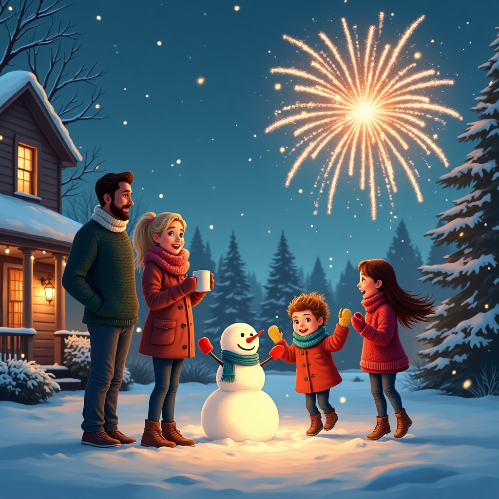 2025, Fireworks, Christmas, Love, Welcome, Outside, Baby, Realistic, 2 sisters brown hair, Mother blonde hair, Father brown skin brown hair, and Cozy New-baby Card