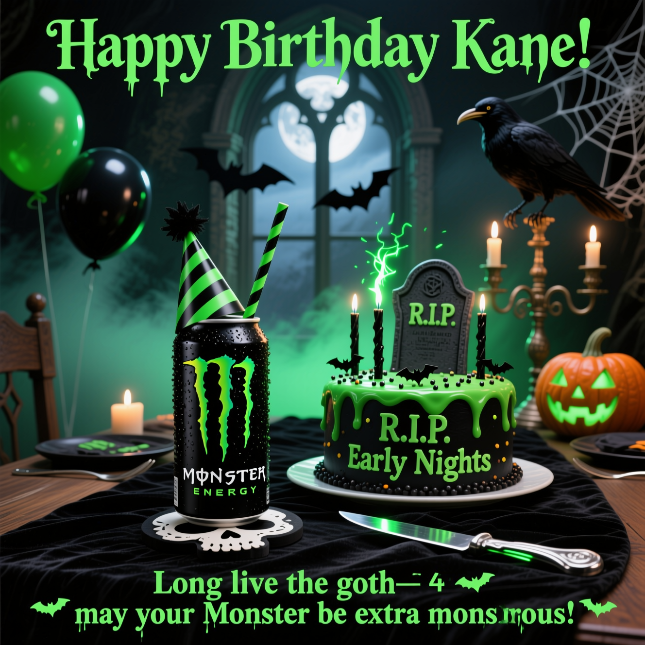 At the top of the Photorealistic picture taken from a camera image, "Happy Birthday Kane!"

At the bottom of the image, "Long live the goth—may your Monster be extra monstrous!"

- Ultra-high-definition 4K UHD photorealistic vertical shot, shallow depth of field, 85mm prime lens at f/1.8, realistic lighting and textures, subtle film grain.
- Scene: A gothic, Halloween-night birthday setup on an old wooden banquet table draped with black velvet. Moonlight cuts through a tall arched stone window, mixing with flickering candlelight and a soft neon-green underglow.
- Center focus: An ice-cold Monster Energy can (black can with electric-green claw logo), beaded with condensation, wearing a tiny black paper party hat and a striped green-and-black straw. The can sits on a skull-shaped coaster with a playful tilt.
- Beside it: A matte-black tombstone cake with glossy slime-green icing that reads “R.I.P. Early Nights,” studded with tiny bat sprinkles and topped with short black candles hissing green sparks. A silver dagger-style cake knife reflects the neon accent.
- Background details: Carved jack-o’-lanterns glowing eerie green, a raven perched on a candelabra, hanging paper bats, delicate cobwebs, and a hint of low rolling fog across the table. Black balloons with subtle green sheen drift in soft bokeh.
- Color and light: Moody blacks, cool moonlit blues, warm candle ambers, and crisp neon Monster-green accents. Volumetric light beams through dust motes for depth; strong microtexture on velvet, icing, wood grain, and can condensation.
- Text styling: 
  - Top line “Happy Birthday Kane!” in bold, spiky gothic blackletter, luminous slime-green with a faint ectoplasmic glow and slight drip.
  - Bottom punchline in clean, modern sans serif, bright neon green, small bat icons bracketing the sentence.
- Composition: Leave generous negative space at top and bottom for the text; primary focal plane on the can and cake, with background elements in creamy bokeh. No additional text in the scene beyond the two lines.
Generated with these themes: Monster energy drink, Gothic, Halloween, and .
Made with ❤️ by AI.