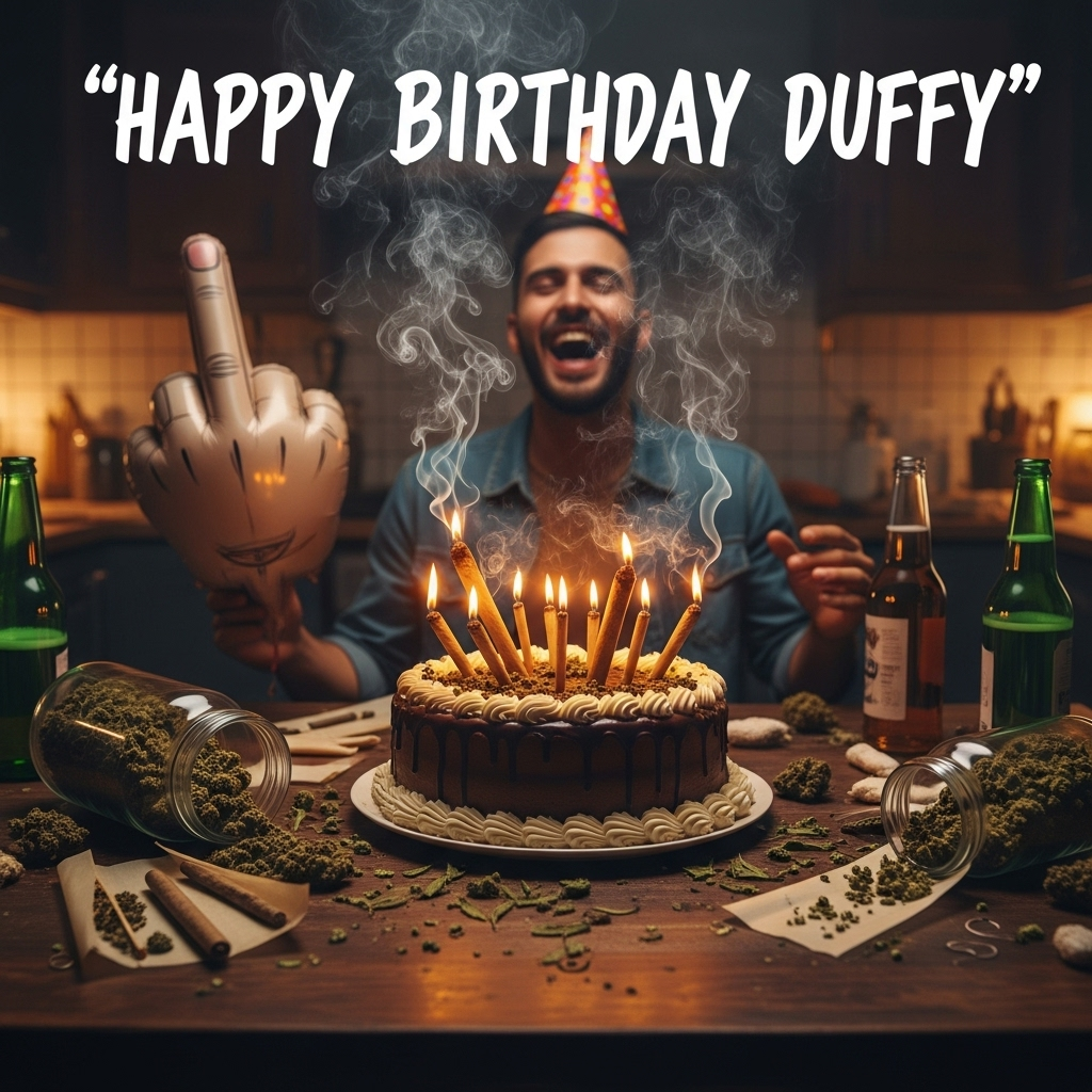 At the top of the photorealistic picture taken from a camera image, write in bold, cheeky handwritten-style font: **"Happy birthday Duffy"**.  

Create an ultra-high-definition 4K photograph of a messy birthday scene in a dimly lit kitchen, with a big, slightly lopsided birthday cake on the table — but instead of candles, there are large, lit cannabis joints sticking out of it, smoke curling lazily into the air. Around the cake are scattered rolling papers, a tipped-over jar spilling cannabis buds, and a few half-empty beer bottles. In the background, a friend wearing a party hat is laughing uncontrollably, holding a giant balloon shaped like a middle finger. The lighting should be warm and realistic, with detailed textures in the smoke, cake frosting, and cannabis buds, and a shallow depth of field focusing sharply on the cake and smoke, with the chaotic background slightly blurred for realism.  

Would you like me to also give you a **cheeky extra tagline** that could be subtly placed on the image under the main text for extra rudeness?
Generated with these themes: Cannabis , and .
Made with ❤️ by AI.