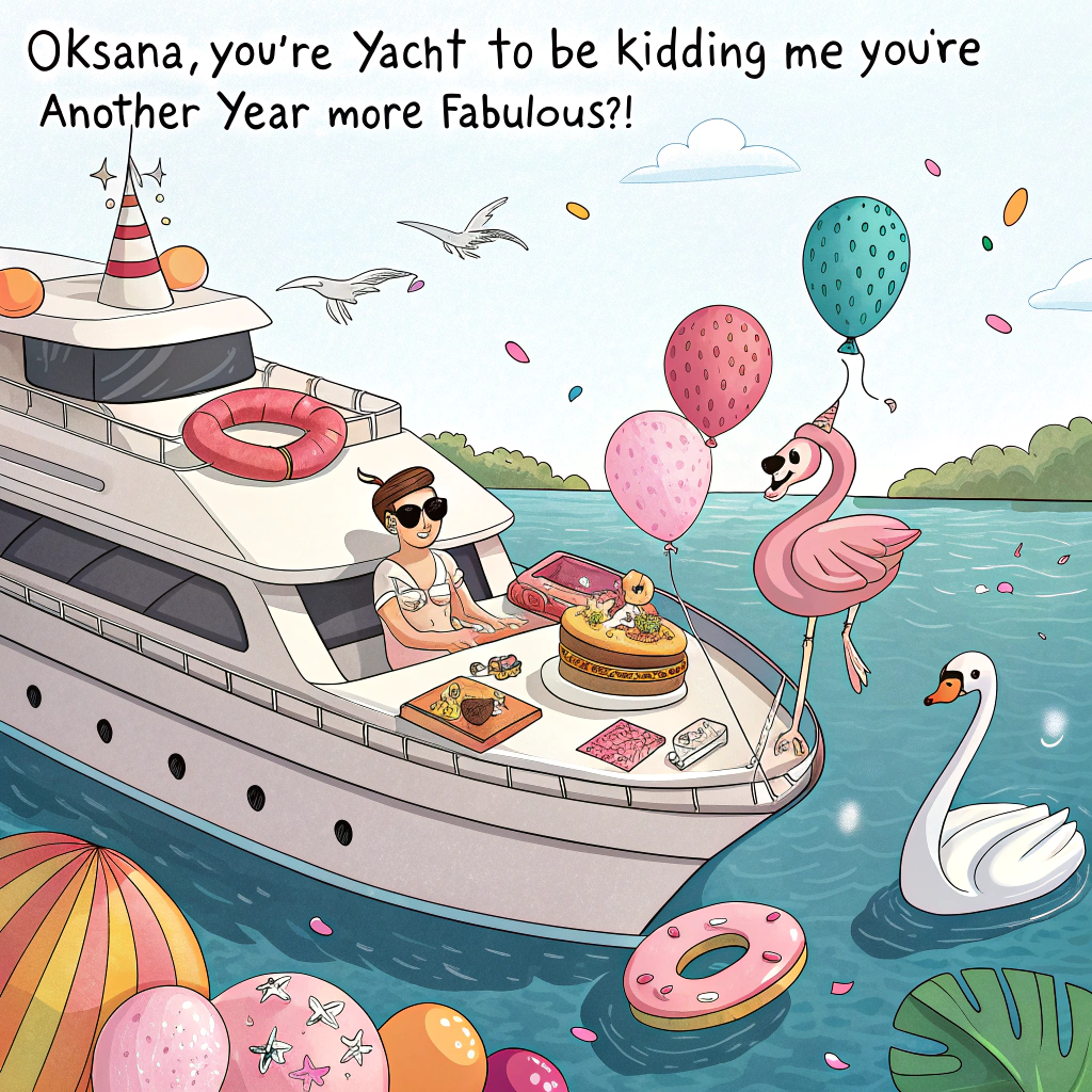 At the top of the image, "Oksana, you're yacht to be kidding me—you're another year more fabulous?!"

- Create a playful illustrated scene on a luxury yacht out at sea.  
- The yacht is hilariously overcrowded with birthday balloons, cakes, inflatable flamingos, and a DJ spinning tunes with a slice of pizza in hand.  
- Oksana (as a fun cartoon character) is lounging in oversized sunglasses on a unicorn floatie in the yacht’s hot tub, sipping a drink topped with a tiny paper umbrella, surrounded by a group of dancing dolphins wearing party hats.  
- Add cheeky details like seagulls trying to steal cake and a banner fluttering above that reads “Afloat on Fabulous.”
Generated with these themes: on a yacht.
Made with ❤️ by AI.