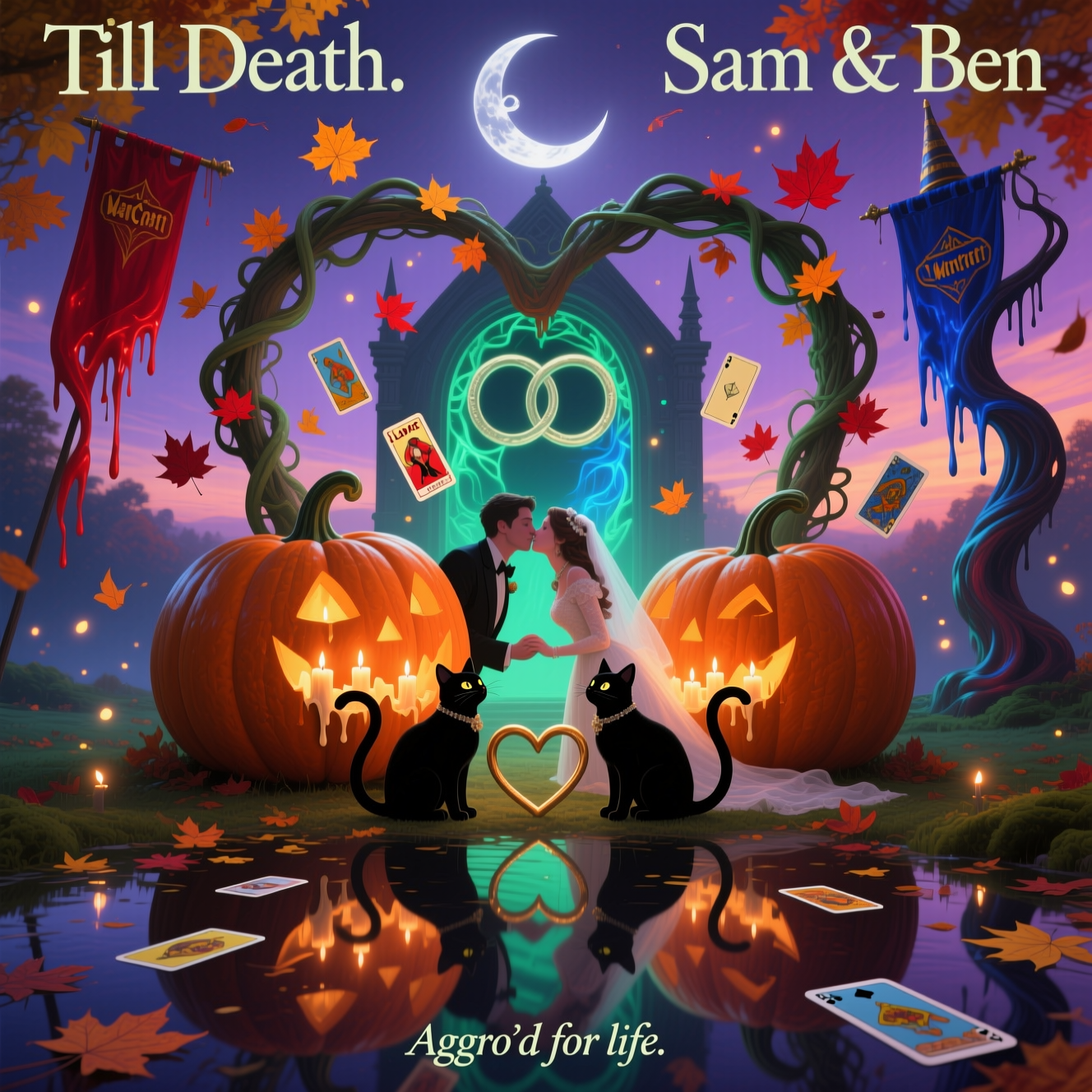 At the top of the Surreal Style image, Till Death.    Sam & Ben

A Dali-inspired, dreamlike romantic autumn wedding scene: two monumental pumpkins lean together like newlyweds about to kiss, their candlelit interiors softly melting into one another as curling vines arc above to form a heart-shaped chapel arch. Fluttering amber and crimson autumn leaves morph midair into floating tarot cards—the Lovers card glows between them like a sacred vow. At the base of the arch sit two sleek black cats as ring-bearers, their tails looping into an infinity heart, eyes catching twin tiny moons.

Behind them, an arcane portal in the shape of interlocked wedding rings shimmers with fel-green and arcane-blue; nearby, abstract crimson and sapphire banners on crooked spires drip and warp like wax—an elegant nod to Warcraft’s warring sides now entwined in peace. The ground is a mirror-smooth dusk water plane scattered with maple leaves and tarot suits, reflecting the scene; above, a crescent moon droops like molten silver in a lavender-amber sky.

Ethereal, cinematic lighting with drifting motes and fireflies; painterly, melted edges; long surreal shadows; palette of pumpkin amber, midnight indigo, moss, and moonlit teal. Title typography: faintly glowing, romantic calligraphy subtly warped by heat-haze so it feels born of the world.

At the bottom, a tiny cheeky caption in delicate serif: Aggro’d for life.
Generated with these themes: Pumpkins Black Cats Autumn leaves tarot cards Warcraft, and .
Made with ❤️ by AI.