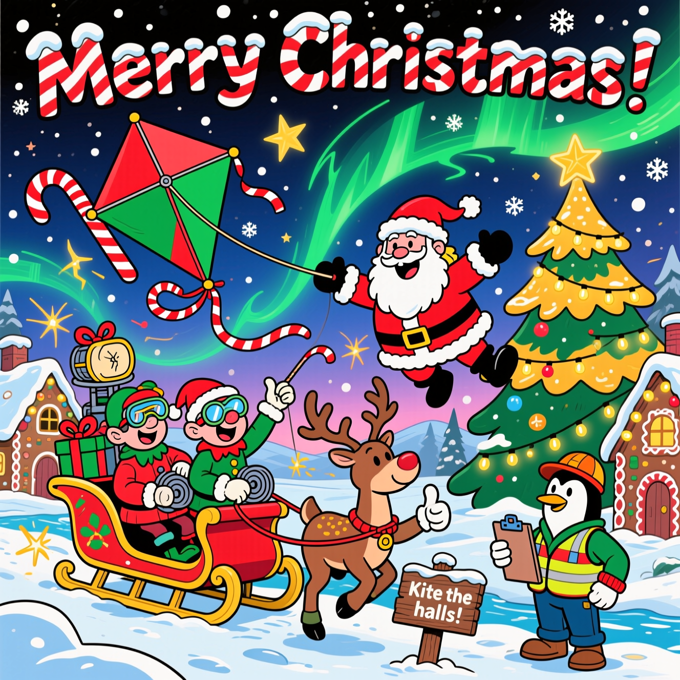 At the top of the Cartoon Style image, Merry Christmas!

Playful, funny Christmas scene in bold cartoon style: exaggerated proportions, thick black outlines, and bright, saturated holiday colors. A snowy North Pole village with a huge sky full of festive kites generating wind power—candy-cane striped parafoils, star and tree-shaped kites tugging on peppermint tethers that spin gift-wrapped drum generators mounted on a sleigh-shaped power station. Swoopy motion lines and sparkly electric zaps as the winches whirr; strings illuminate garlands of bulbs across gingerbread houses and a giant pine blazing gold.

Santa, buoyed by a giant red-and-green kite, grins as his hat flaps; elves in goggles and puffy coats lean back in energetic poses, managing the winches; a reindeer’s antlers are comically tangled in a kite string while another reindeer gives a thumbs-up with a mittened hoof. A penguin foreman with a clipboard and a candy-cane safety vest supervises. Northern lights curl like green ribbons across a twilight sky dotted with stars and snowflakes.

Render in a playful cartoon look: chunky shapes, thick outlines, punchy reds/greens/icy blues, shiny snow highlights, and lots of whimsical energy. Place the top text in big, bouncy candy-cane letters with a snowy cap.

Add one small cheeky text gag on a wooden sign stuck in the snow near the bottom: “Kite the halls!”
Generated with these themes: Wind power generation using kites, and .
Made with ❤️ by AI.