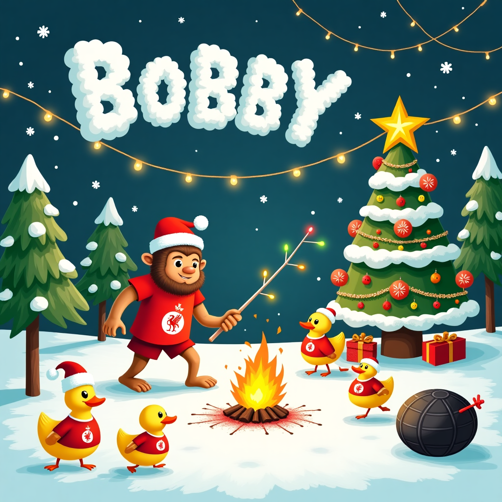 In this whimsical and bustling Christmas scene, a winter wonderland meets a fantastical, quirky universe where all the themes converge in harmony. At the heart of the scene is a snowy football pitch, subtly nodding to Liverpool FC with a red and white color scheme. Instead of players, we have a group of animated ducks in tiny football kits, complete with LFC emblems, energetically chasing a miniature dartboard in place of a football.

To the left, a friendly Neanderthal clad in a Santa hat and Hawaiian shirt (a fun nod to both Neanderthal and Hawaii themes) is grilling holiday-themed kabobs over an open fire, which is shaped like a cartoonish, non-threatening bomb, adding a playful twist to the scene. The kabobs are adorned with bright tropical fruits and a sprinkle of snowflakes, perfectly combining the Hawaiian and Christmas themes.

In the sky above, fluffy white clouds form the letters of the recipient's name, "Bobby", creating a magical aerial banner that dances across a twinkling starlit backdrop. In one corner, a small group of elves wearing red Hawaiian leis are setting up a giant dartboard as a Christmas tree, decorating it with tinsel and ornaments shaped like little Liverpool FC emblems and tiny yellow rubber ducks.

The scene is teeming with life and color, as Christmas lights dangle from the trees, casting a warm glow over the entire festive tableau. All elements come together in a delightful, merry chaos that is sure to bring a smile to Bobby's face when he sees this unique holiday card.
Generated with these themes: Liverpool fc, Darts, Ducks, Hawaii, Neanderthal, and Bomb.
Made with ❤️ by AI.