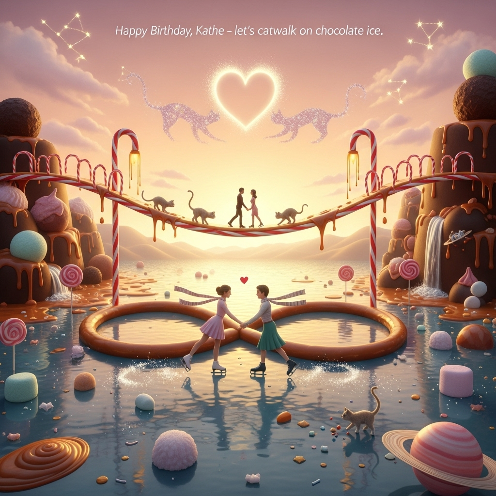 At the top of the Surreal Style image, "Happy Birthday, Kathe - let's catwalk on chocolate ice."

A romantic, Dali-inspired dreamscape at golden-pink twilight: an otherworldly lake of glossy chocolate-frozen “ice” shaped like a soft infinity heart. At its center, two lovers in vintage figure skates glide hand-in-hand, leaving glittering sugar-spark trails; their scarves lazily unwind into cotton-candy wisps. Above them arcs a floating licorice catwalk in the silhouette of a sleek feline; along it, a tiny second couple walks together, fingers entwined, under candy-cane lampposts that droop and melt like sweet clocks, casting warm caramel light. Giant velvet truffles rise like boulders, caramel waterfalls ooze into the lake, and lollipop planets hang low among marshmallow clouds and gumdrop constellations. Playful cats appear throughout: a long-legged, dreamlike cat tiptoes the licorice rail, a curious kitten in tiny skates paws at falling sprinkles, and two celestial cats woven from stardust curve their tails into a glowing heart overhead. Ethereal lighting, soft haze, and elongated, melting forms; textures of tempered chocolate sheen, sugar crystals, glossy glaze. Palette of cocoa browns, blush pinks, creamy vanilla, mint, and pale gold. Wide, airy sky at the top for the caption; keep the caption small and elegant, like piped icing in soft vanilla, gently glowing. Romantic, whimsical, tender, and surreal.
Generated with these themes: Skating, Walking , Cats, Chocolates , Sweets, and .
Made with ❤️ by AI.