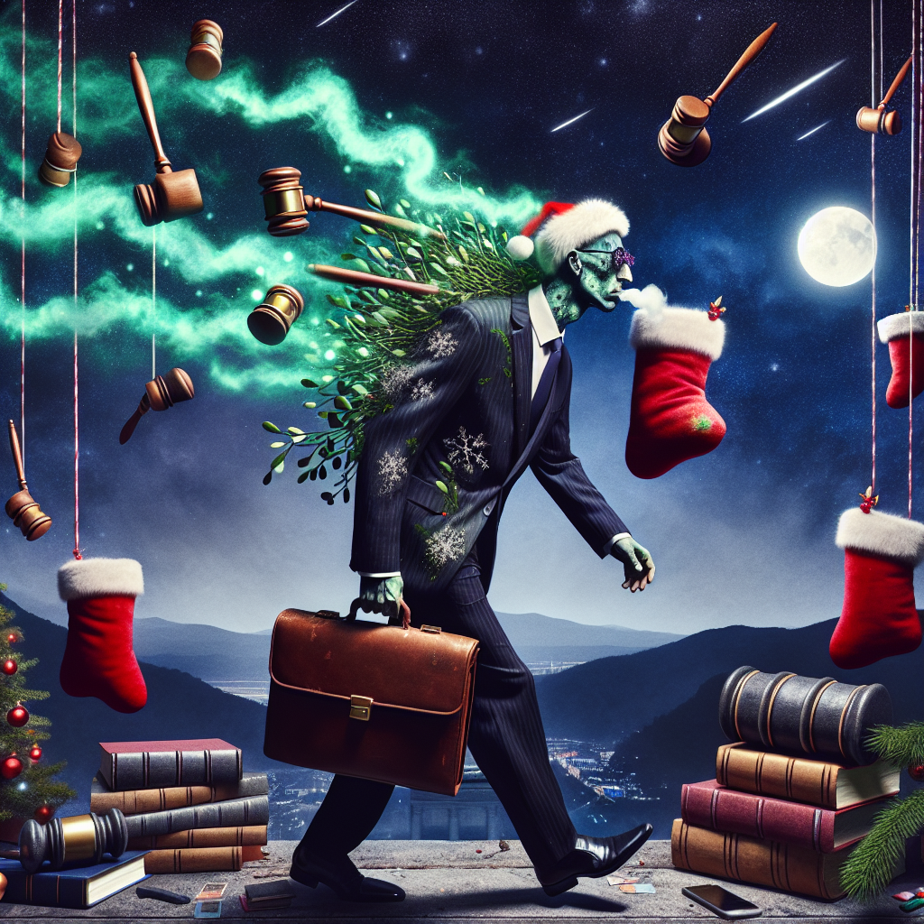 Against a backdrop of an ethereal, Christmas night sky, a peculiar, fatigued lawyer with a distinct aura of stink illustrated by green smog lines, shuffles through a landscape where courtroom elements blend with festive decor. His suit is patched with mistletoe, and instead of a briefcase, he carries a stocking stuffed with legal documents, as he's guided by a team of flying, reindeer-shaped gavels.
Generated with these themes: Stinky tired off lawyer.
Made with ❤️ by AI.